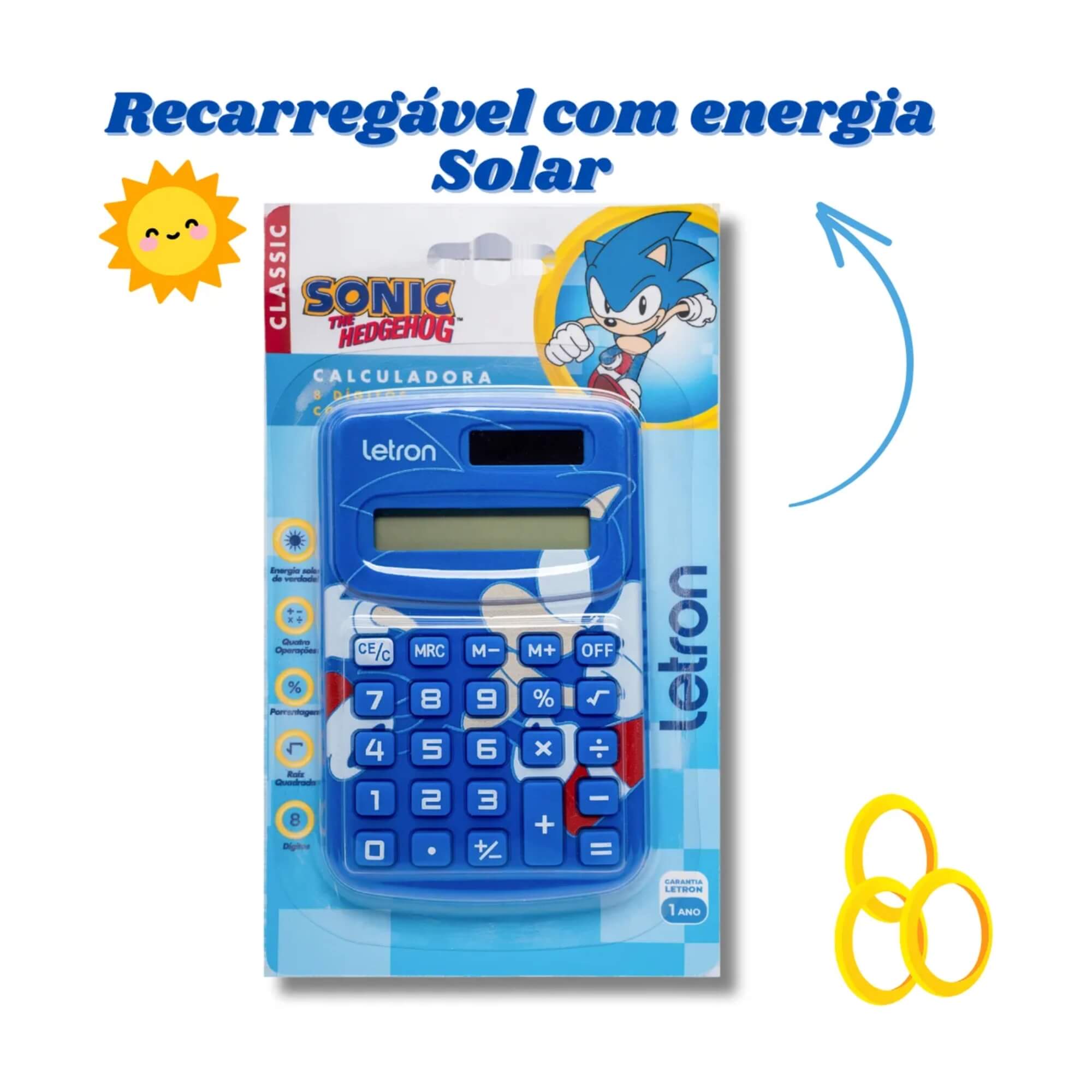Calculadora 8 dígitos com Energia Solar e Cartela de Adesivo Sonic Letron Leonora - 10314
