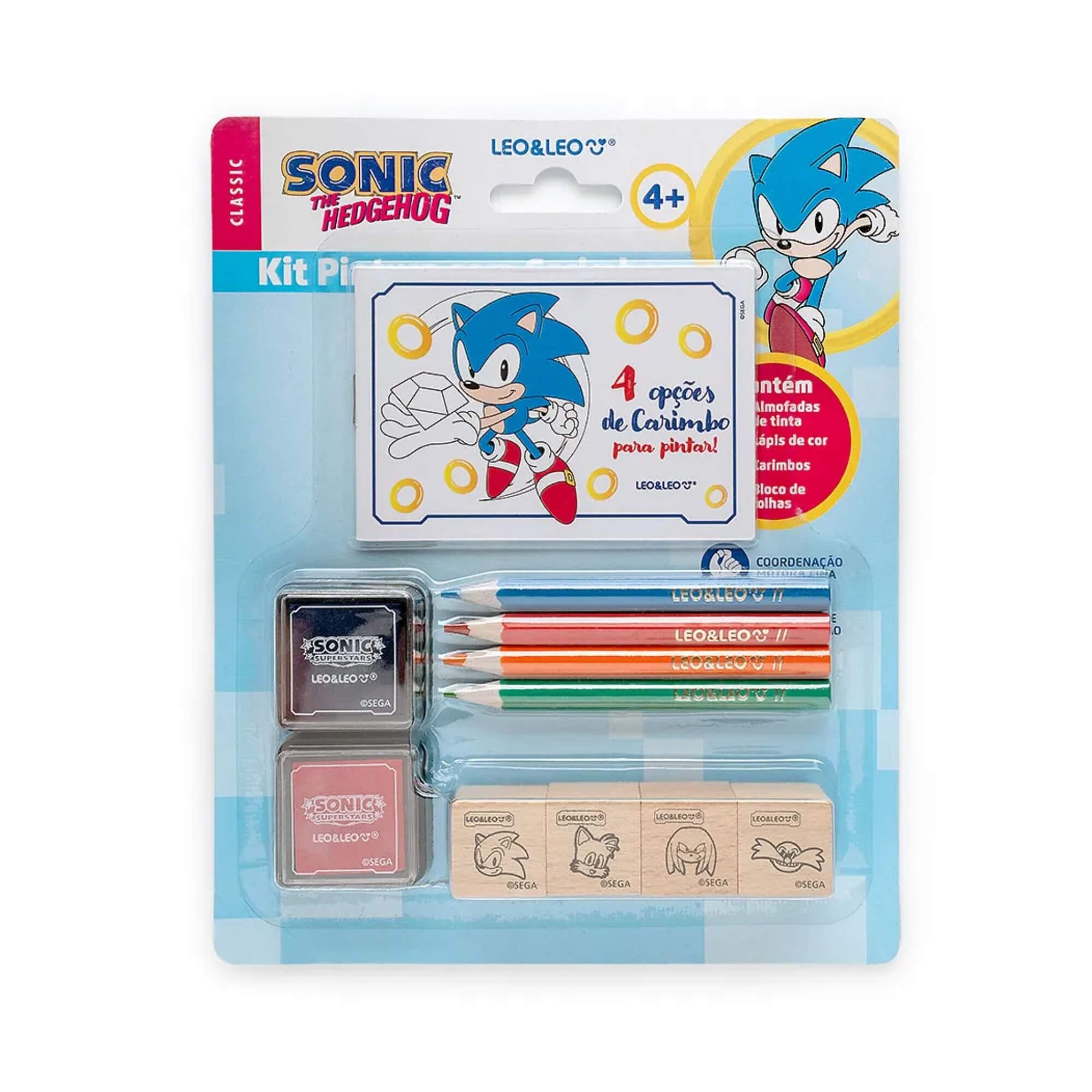 Kit Pintura Carimbo Sonic c/ Lápis de Cor + Bloco + Carimbos + Almofadas de Tinta Leonora - 10368