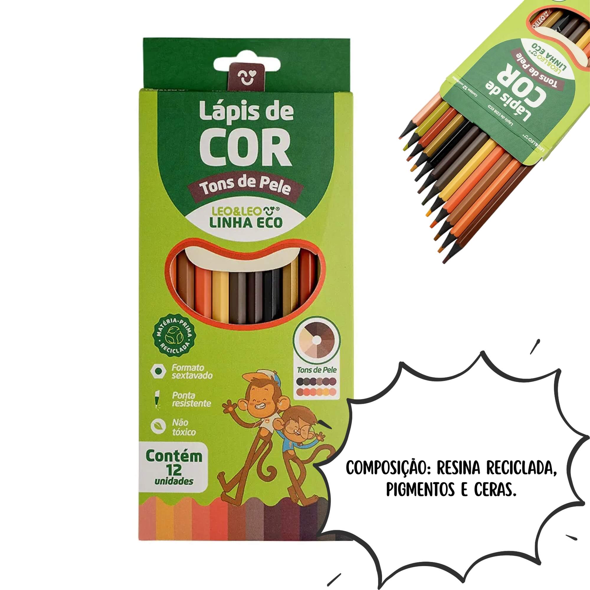 Lápis de Cor Hexagonal Ecológico Tons de Pele 12 Cores Leo&Leo Leonora - 10580