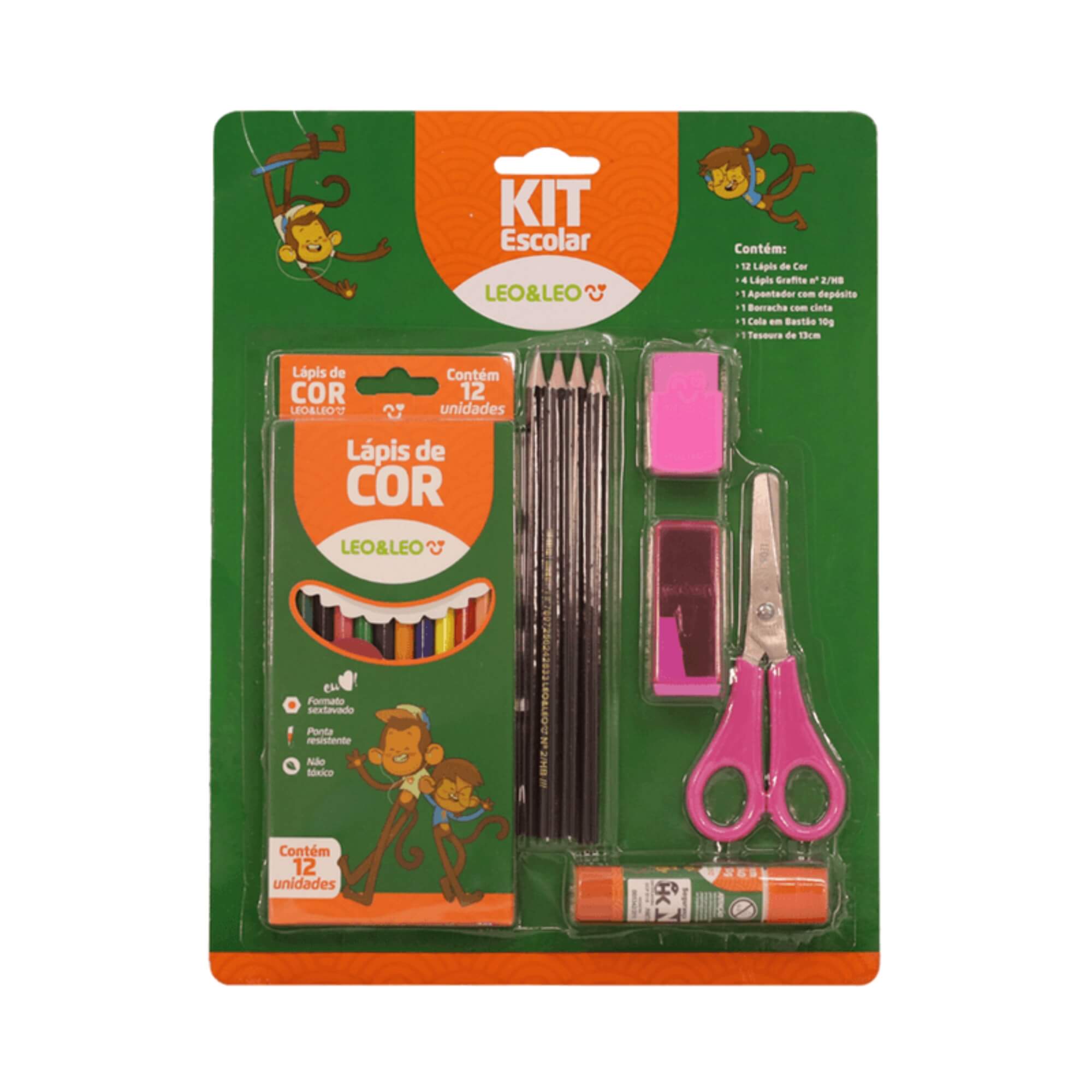 Kit Escolar Lápis De Cor 12 Cores Pacote com 6 Kits Leo&Leo Leonora - 4203