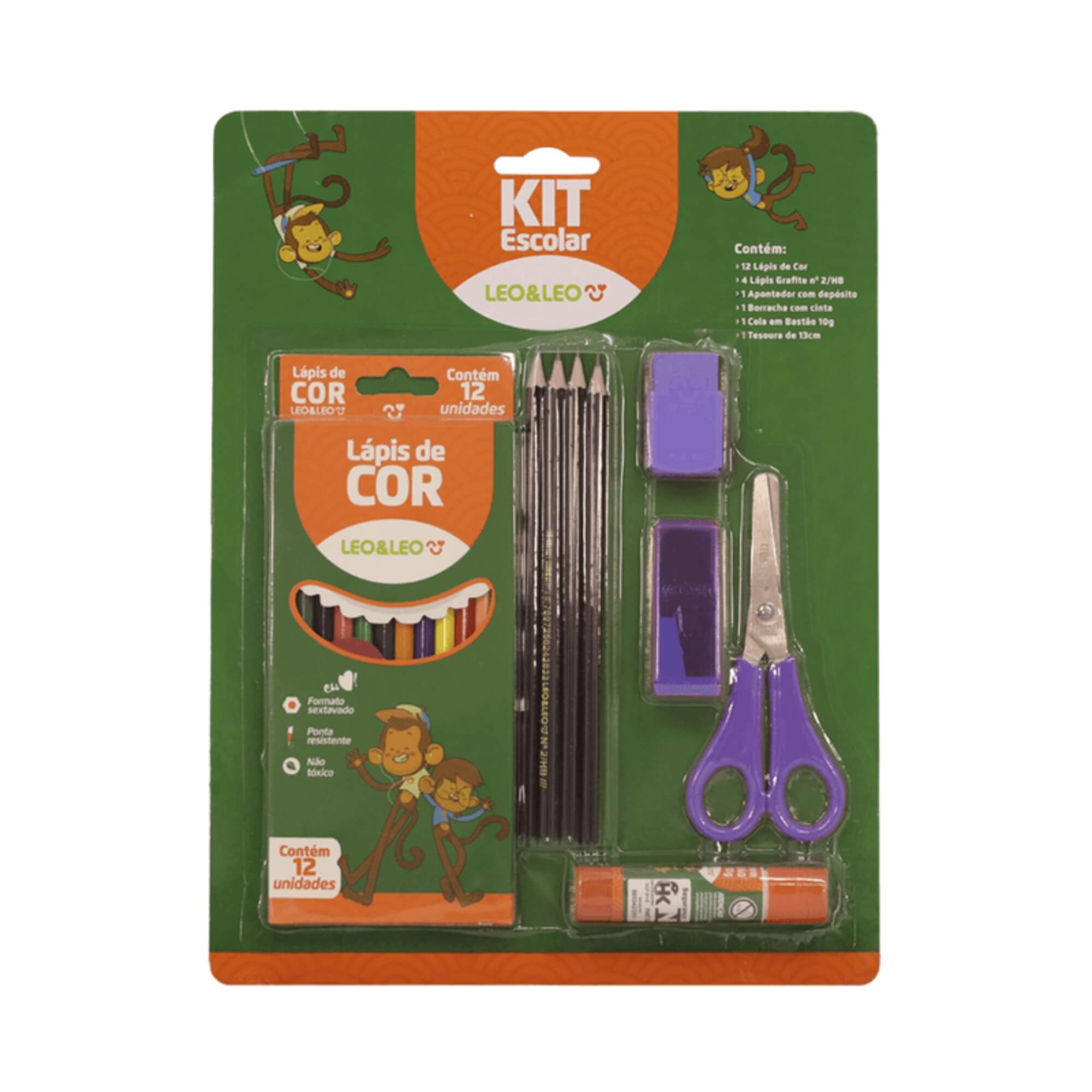 Kit Escolar Lápis De Cor 12 Cores Pacote com 6 Kits Leo&Leo Leonora - 4203