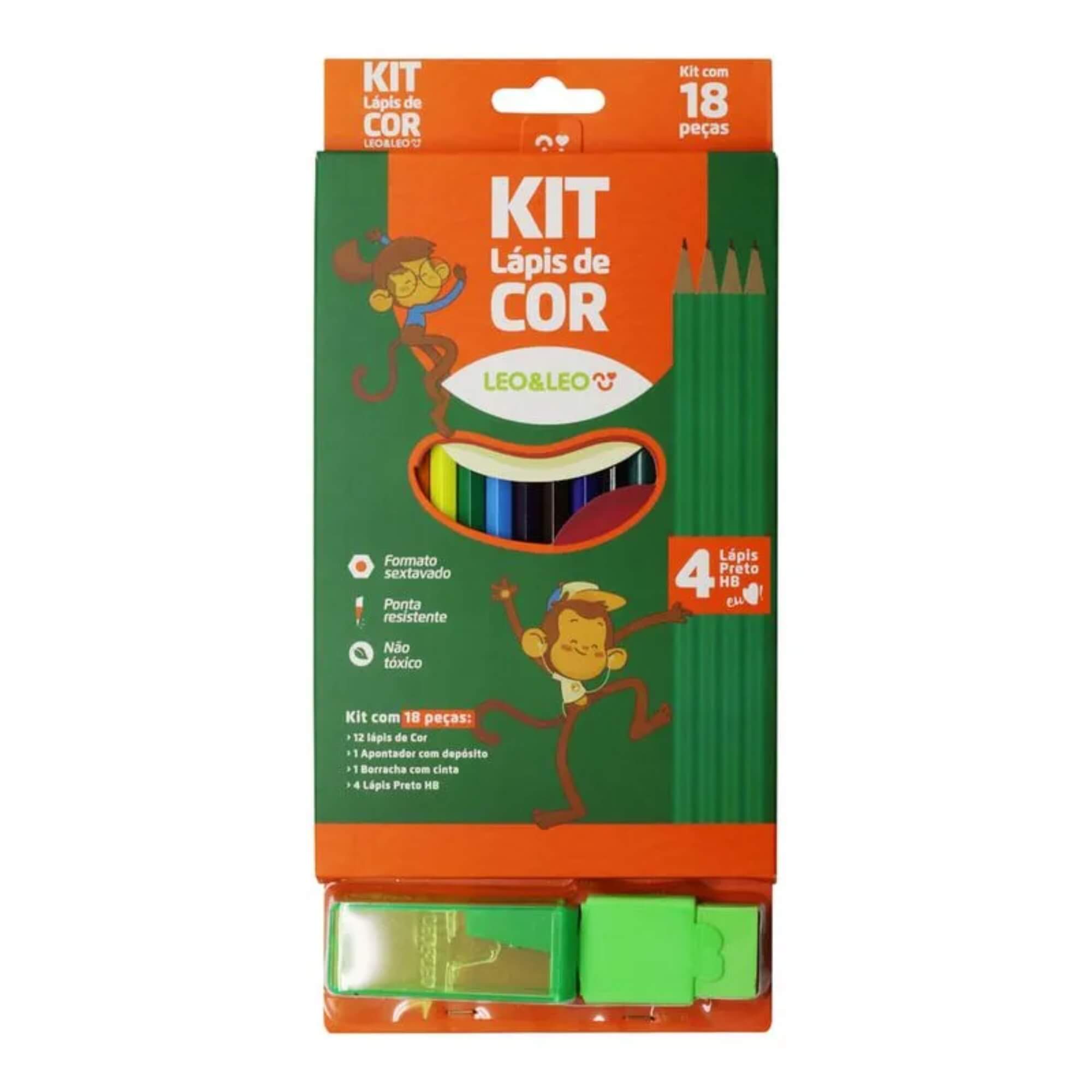 Pacote com 4 Kits de Lápis De Cor 12 Cores/4 Lápis Hb/Borracha/Apontador Leo&Leo Leonora - 4323