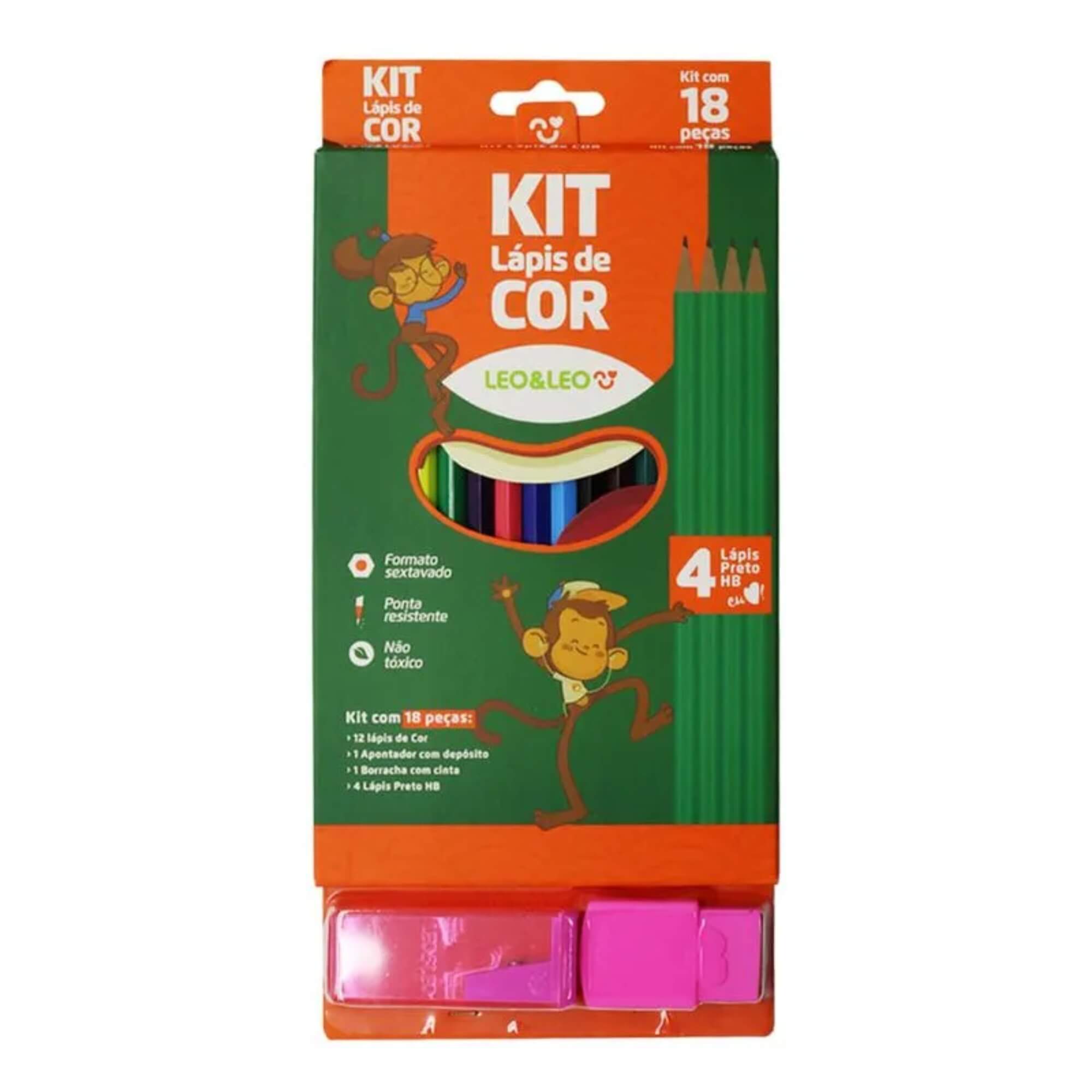 Pacote com 4 Kits de Lápis De Cor 12 Cores/4 Lápis Hb/Borracha/Apontador Leo&Leo Leonora - 4323