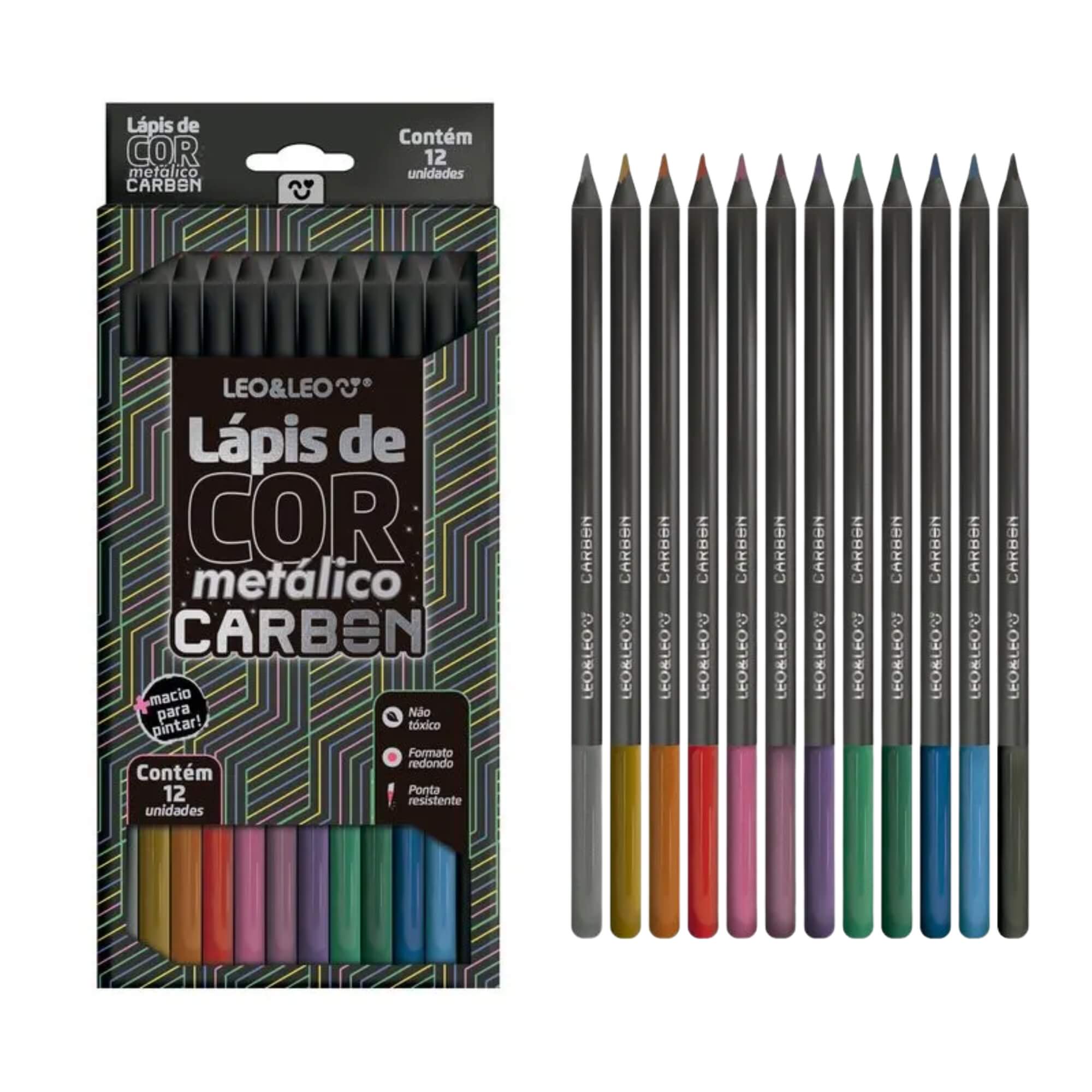 Caixa de Lápis De Cor Carbon 12 Cores Metálicas Redondo Leo&Leo Leonora - 4432