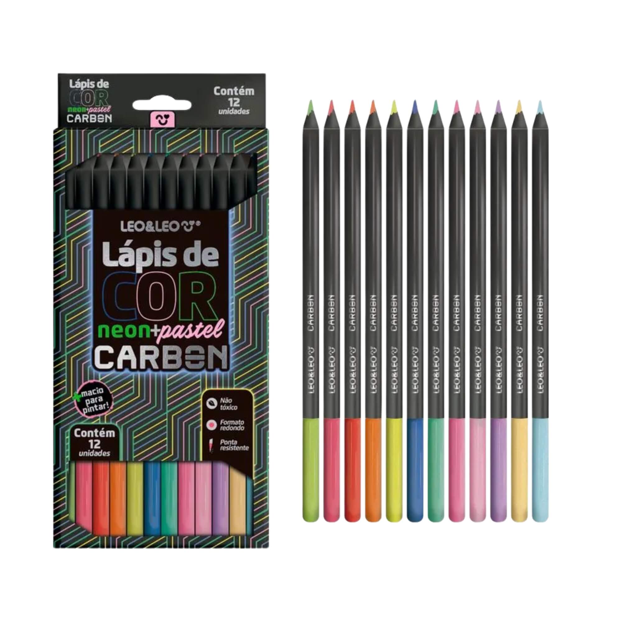 Caixa de Lápis De Cor Carbon 12 Cores Neon + Pastel Redondo Leo&Leo Leonora - 4434