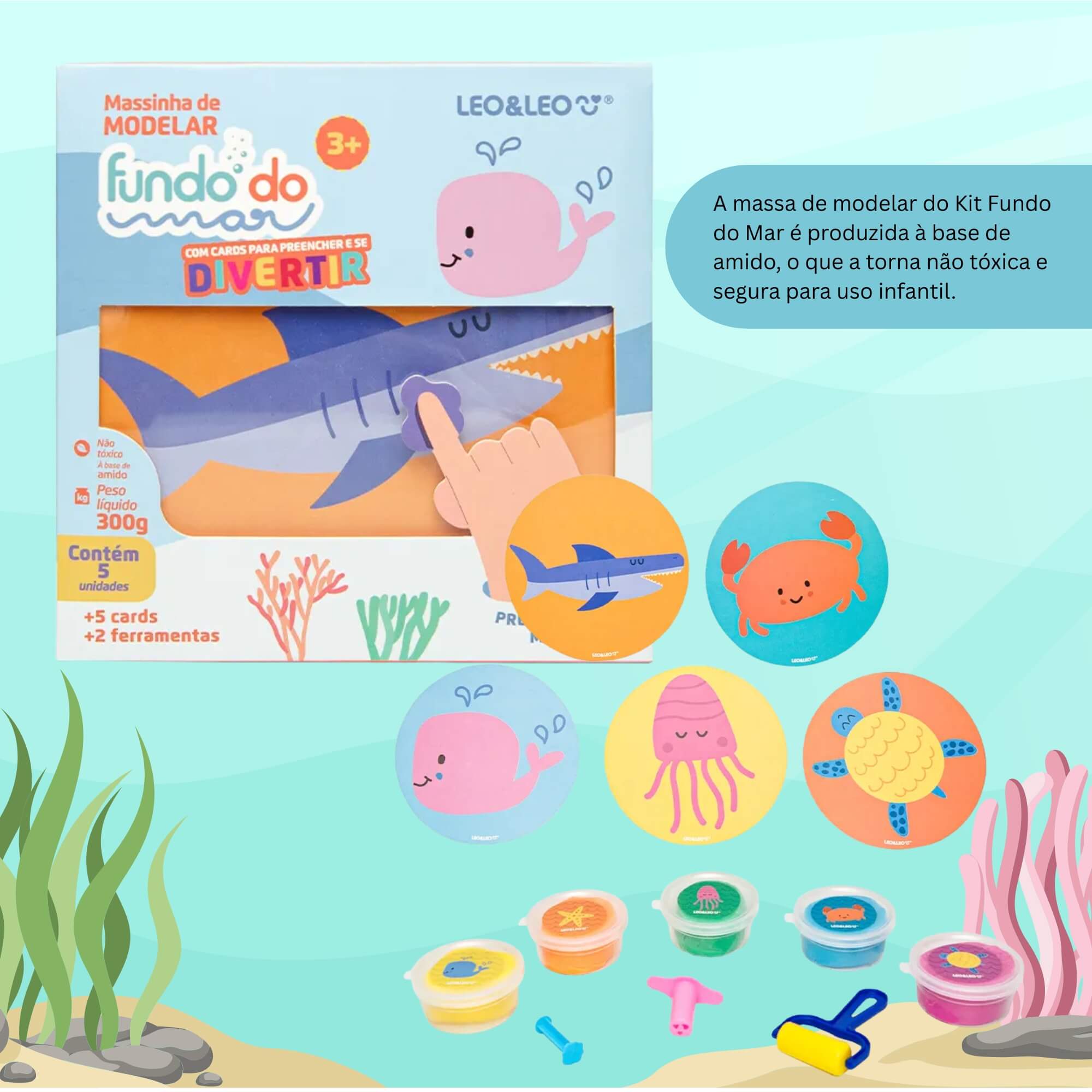 COMP Kit 5 Massas de Modelar Fundo do Mar Leo&leo para Crianças - Diversão Criativa