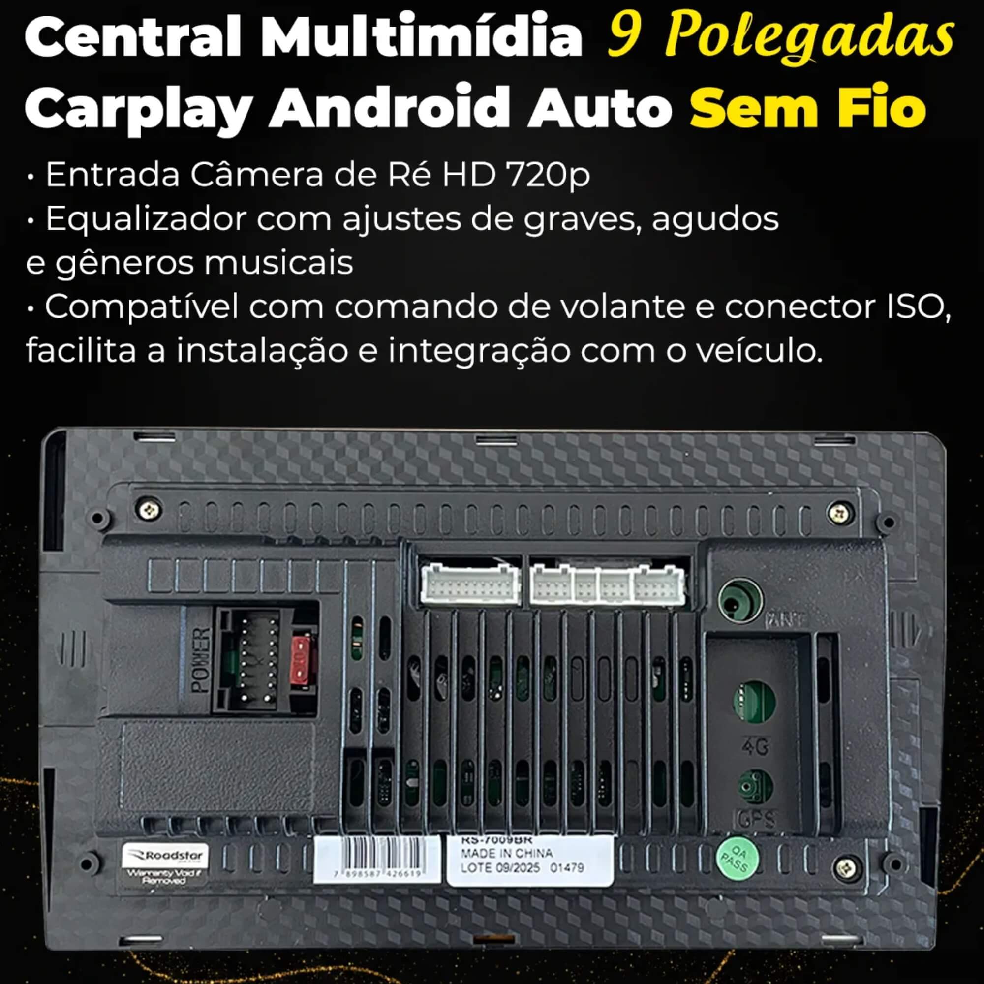 COMP Kit Multimídia 9" Pol Espelhamento Sem Fio 4 x 50W + Câmera de Ré Modelo Tartaruga Universal