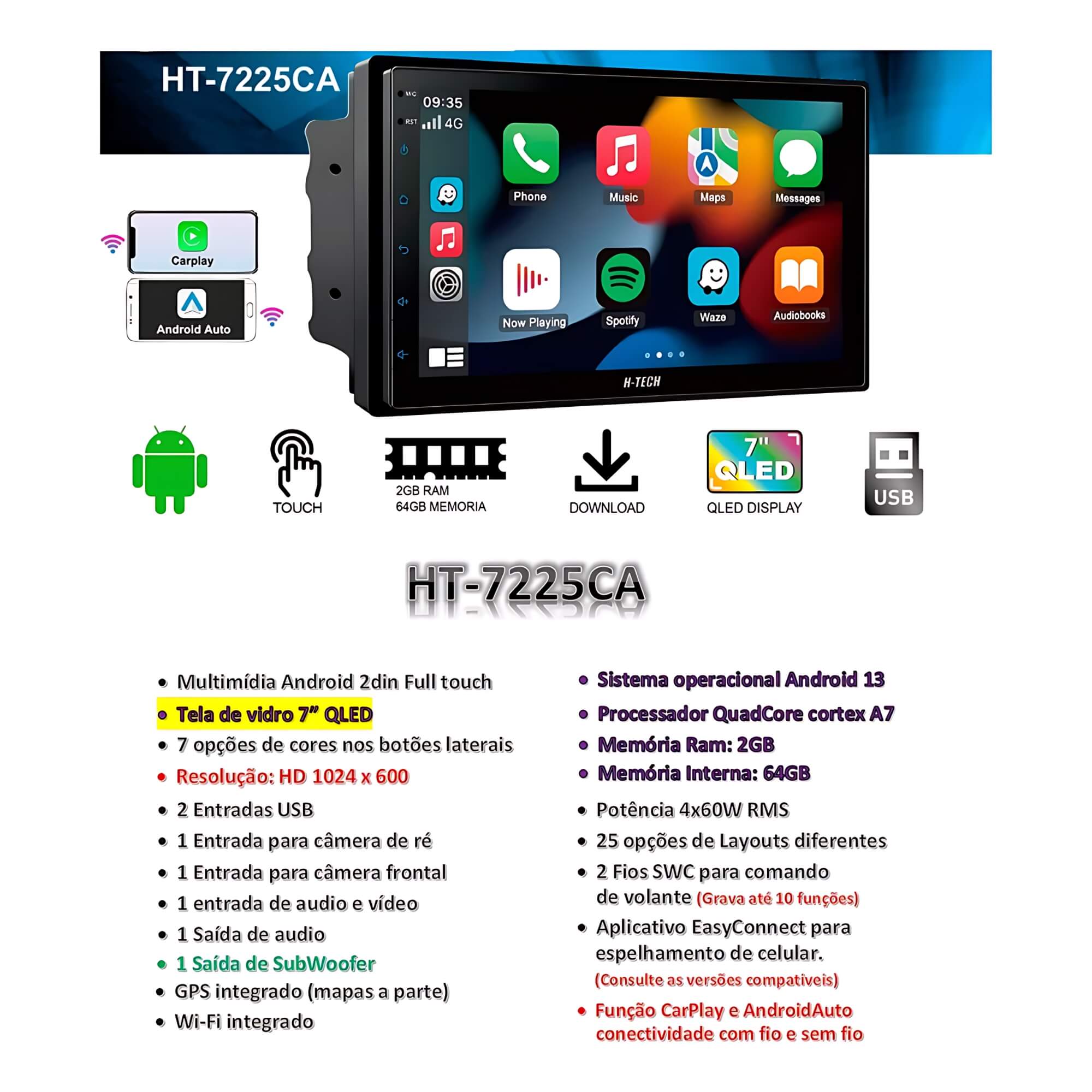 COMP Kit Central Multimídia Slim 7 Polegadas 2+64GB + Câmera de Ré