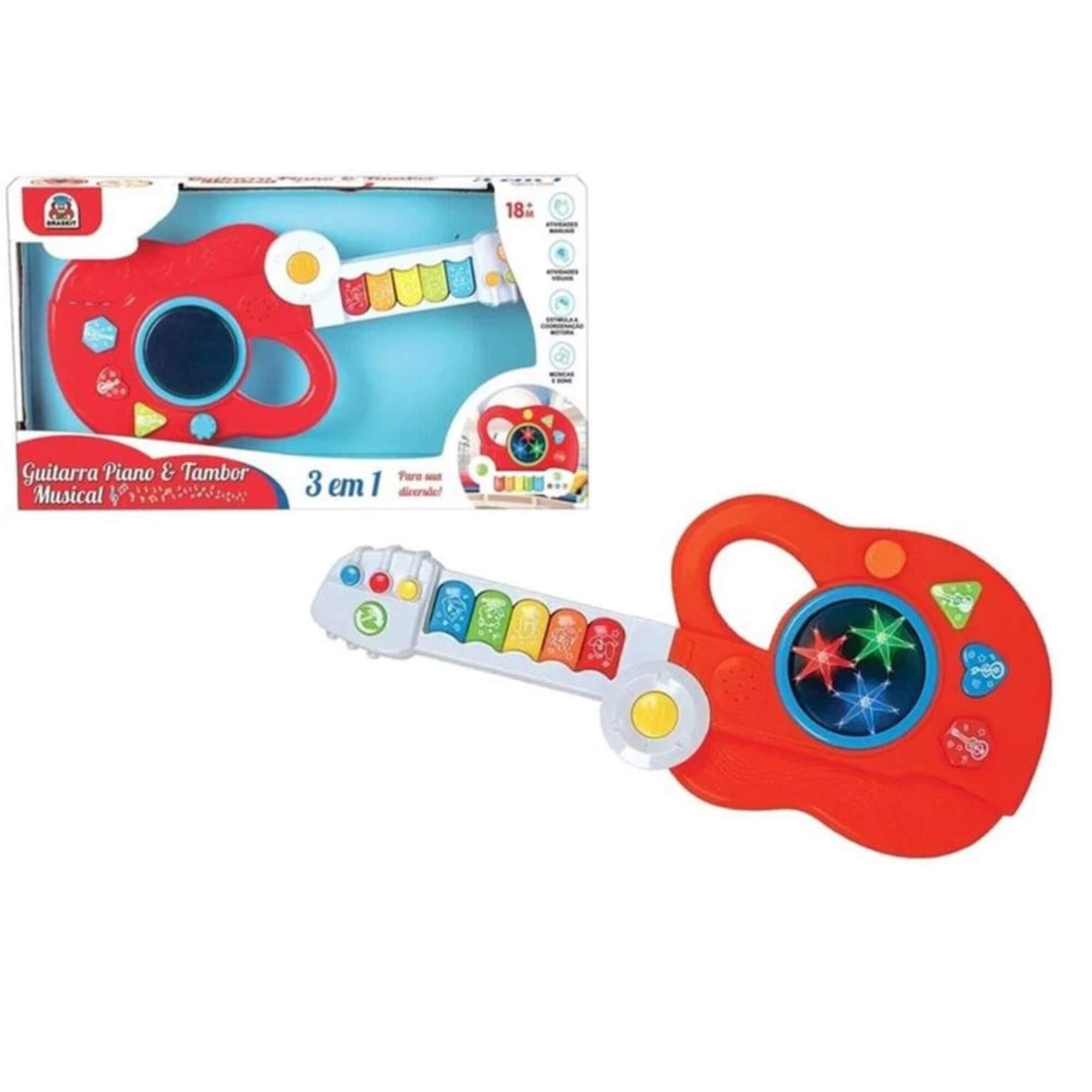 COMP Kit Instrumentos Musicais Infantis - Guitarra Tambor e Piano Xilofone Braskit