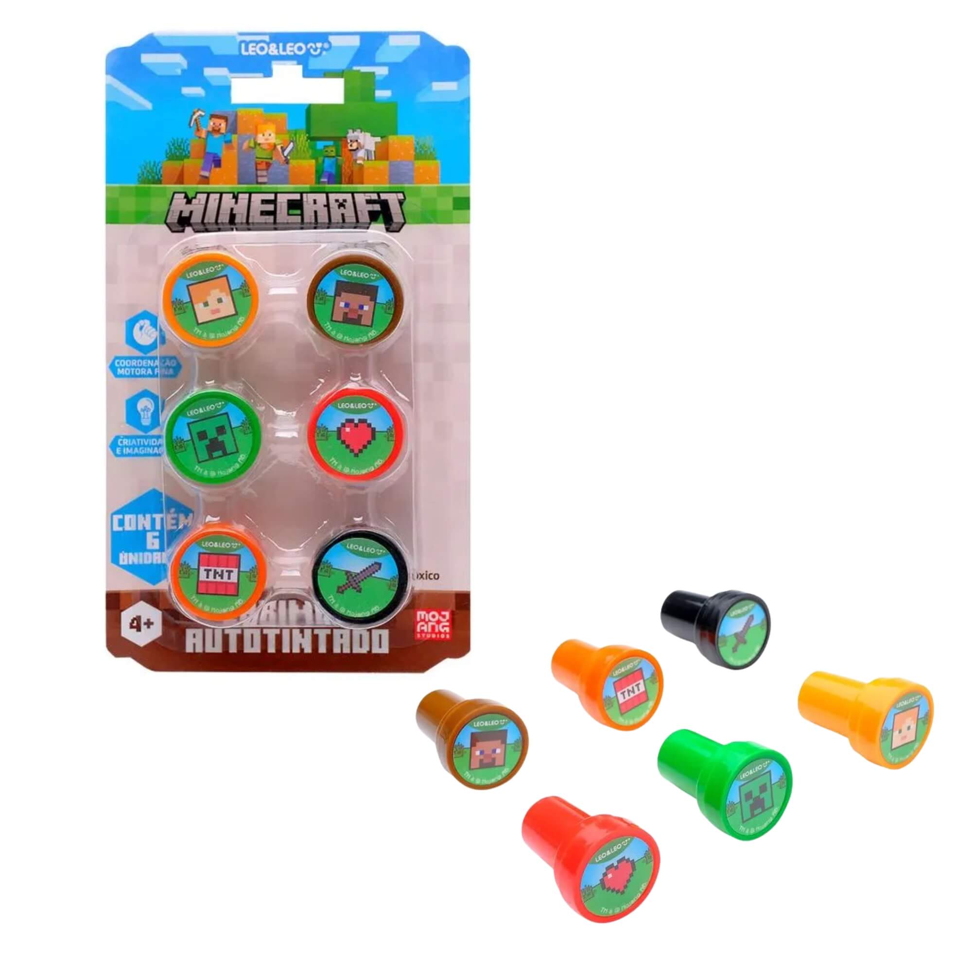 Blister com 6 Carimbos Autotintados Decorados MInecraft Leo&Leo Leonora - 10655