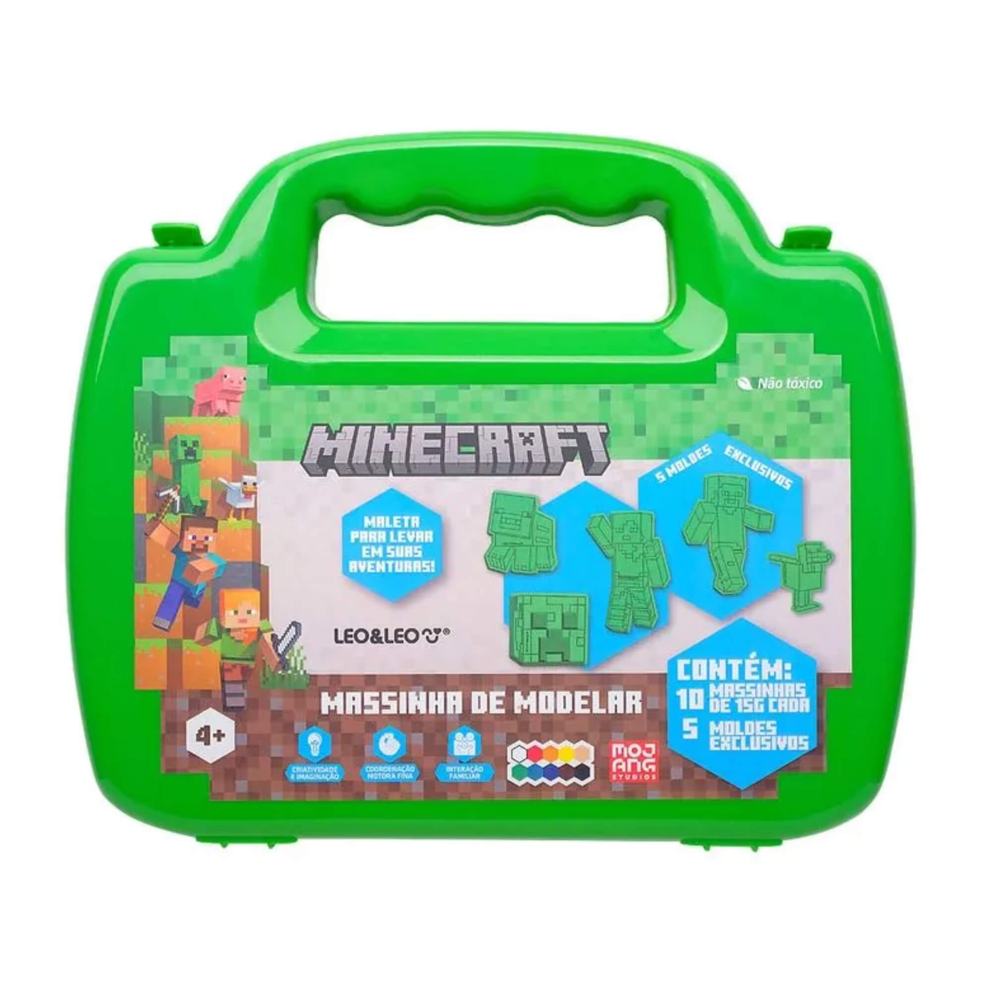 Maleta de Massinha de Modelar Minecraft com 10 Cores e 5 Moldes Leo&Leo Leonora - 10658