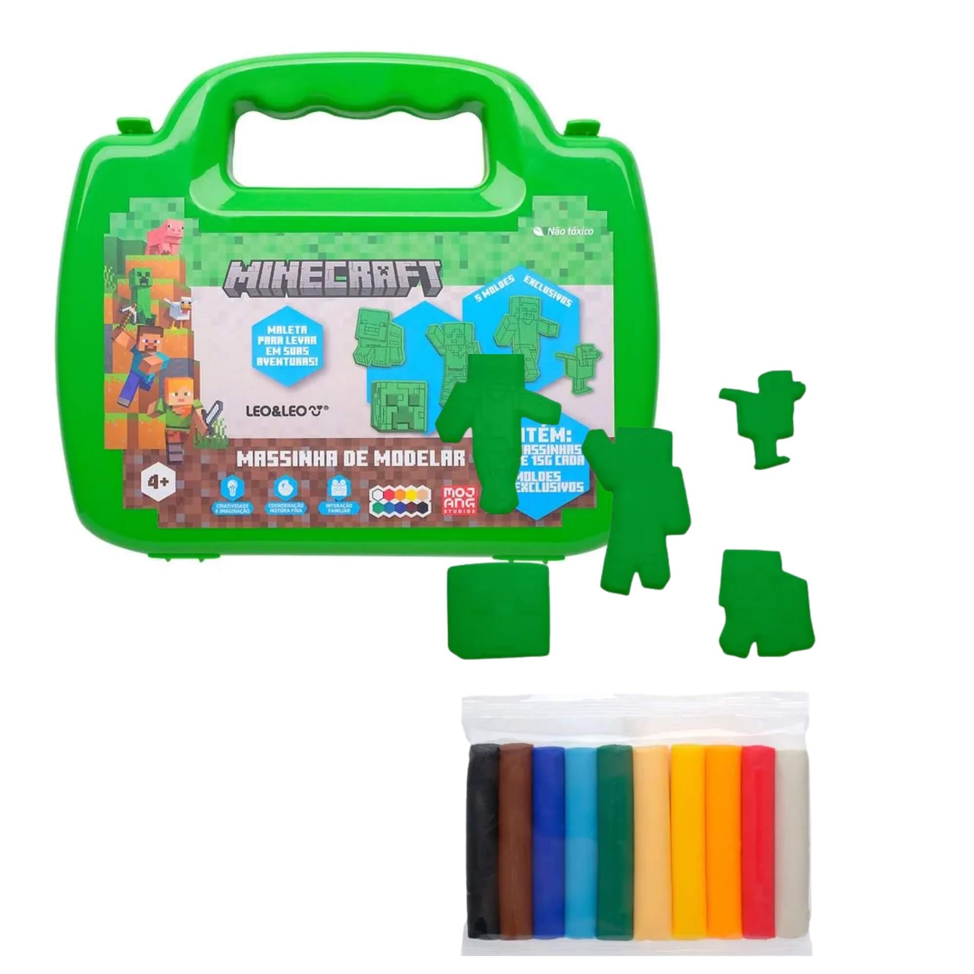 Maleta de Massinha de Modelar Minecraft com 10 Cores e 5 Moldes Leo&Leo Leonora - 10658