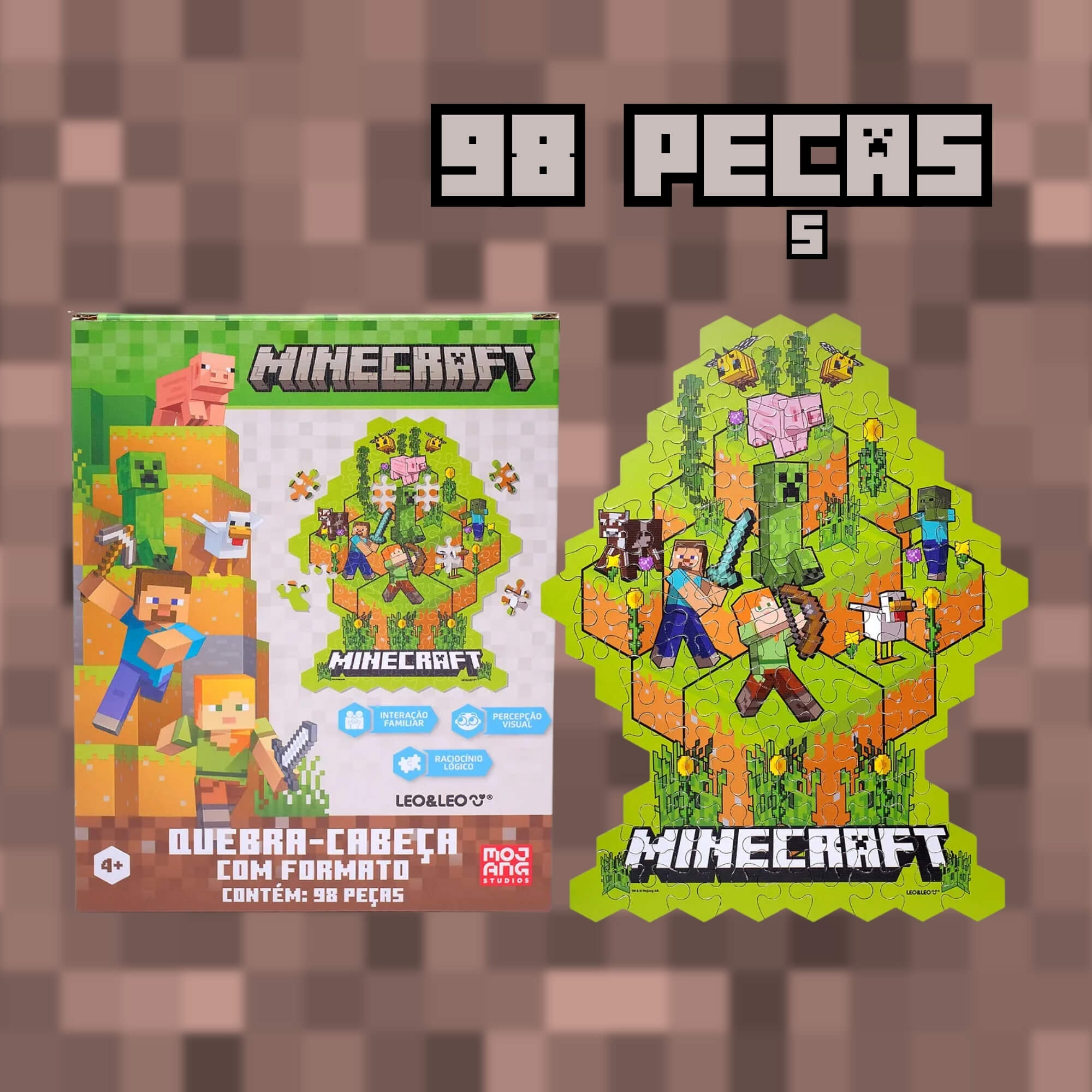 Quebra-Cabeça Minecraft com Formato 98 Peças Caixa Leo&Leo Leonora - 10649