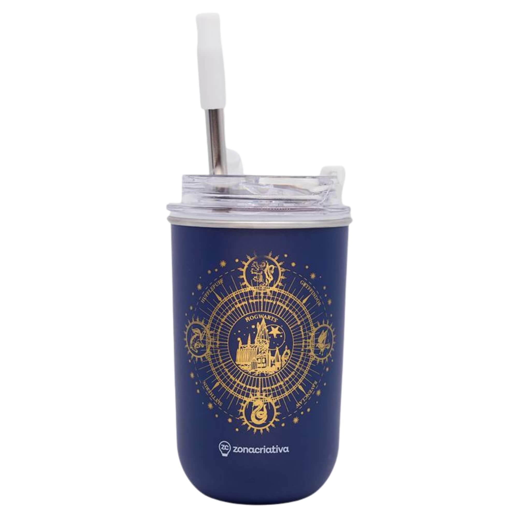 Copo Neo com Canudo 300ml Hogwarts Blue Zona Criativa - 10026749