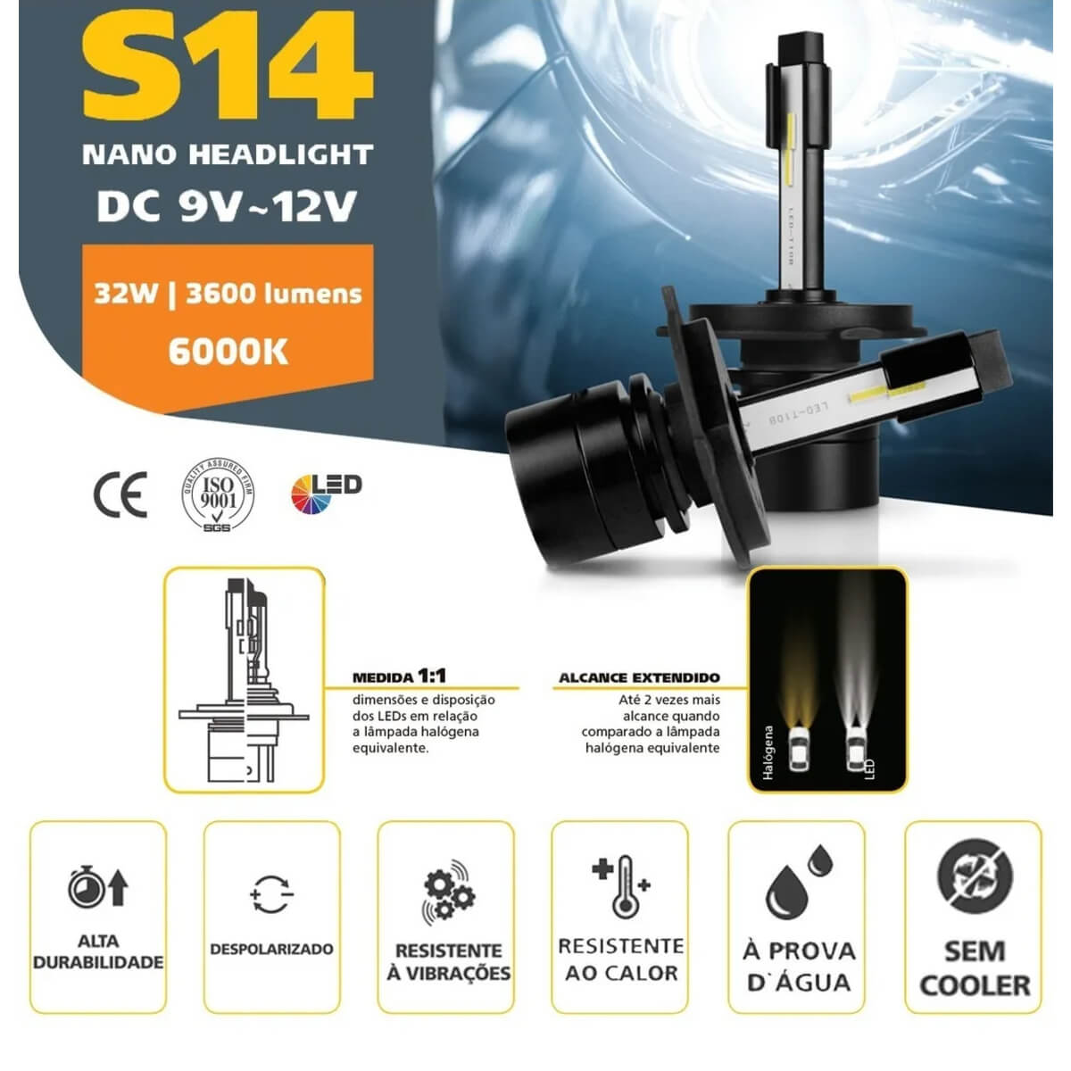 VAR Par de Lâmpadas LED Headlight S14 Nano (Escolha) Encaixe:H13
