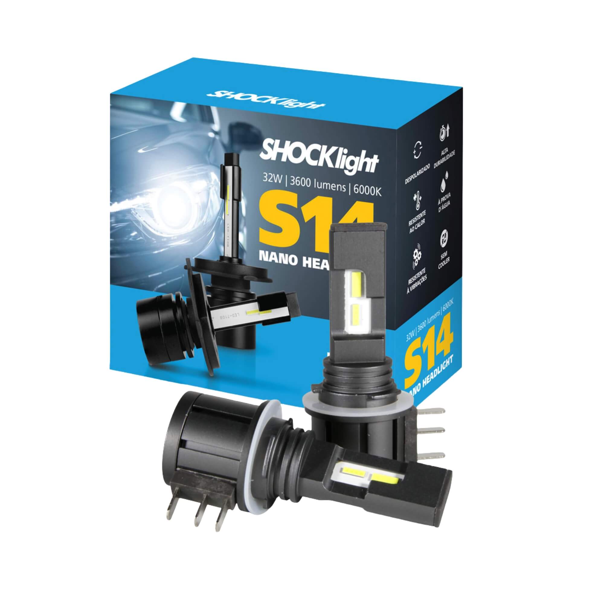 Par de Lâmpadas LED Headlight S14 Nano H15 6000K 12V 32W 3600LM Shocklight - SLL-140015