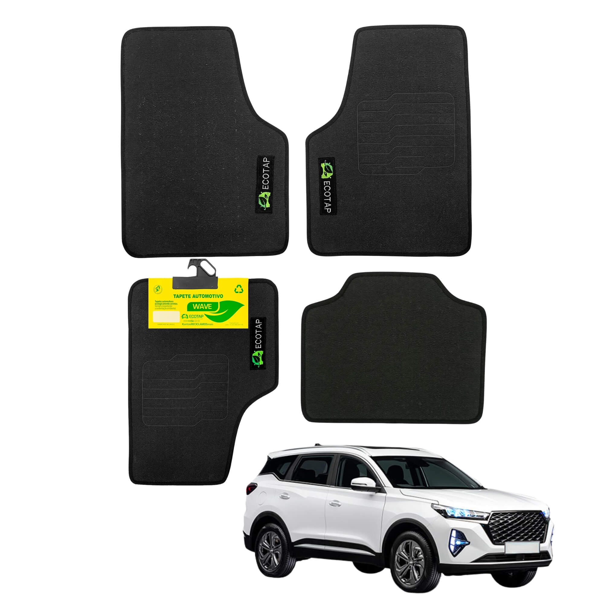Tapete Wave 04 Peças preto Adaptável Chery Tiggo7 A partir de 2019 Ecotap - W7117