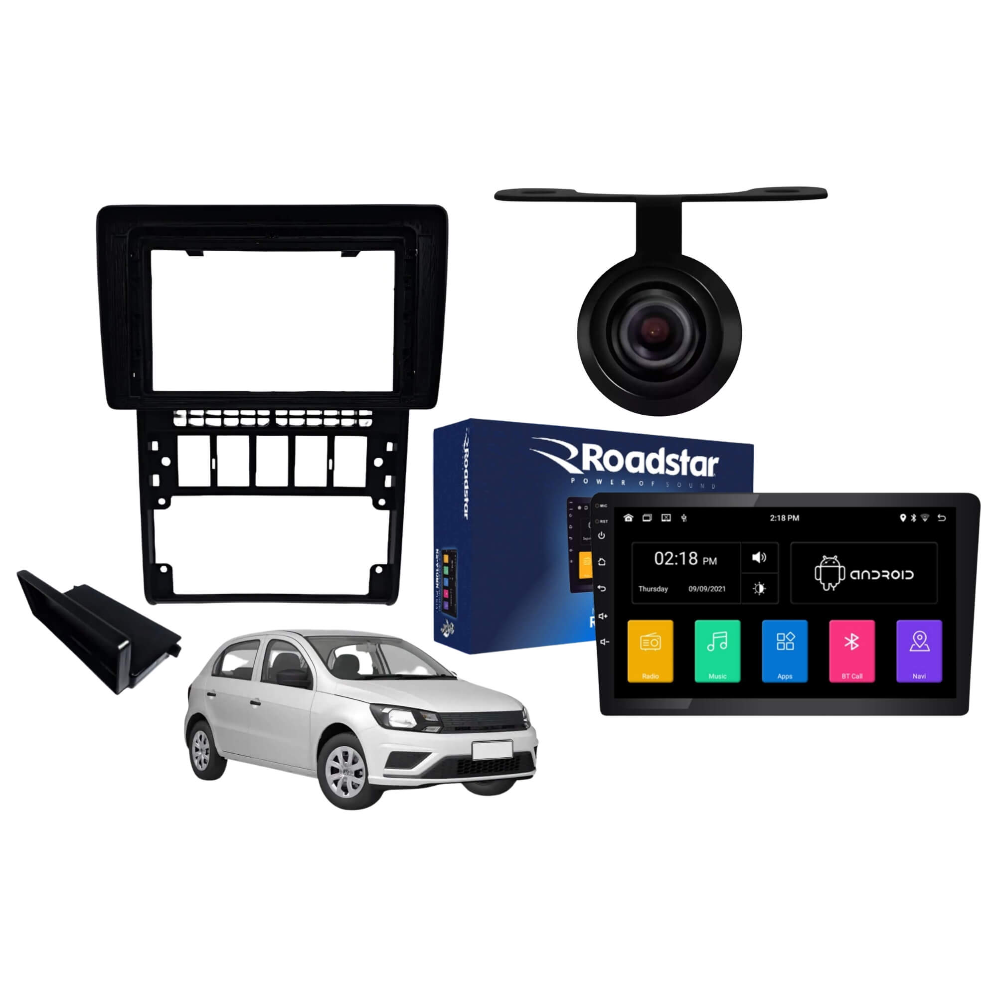COMP Multimídia Roadstar Android 2 Din 9 Pol + Chicotes + Câmera de Ré + Moldura Gol/Parati/Saveiro