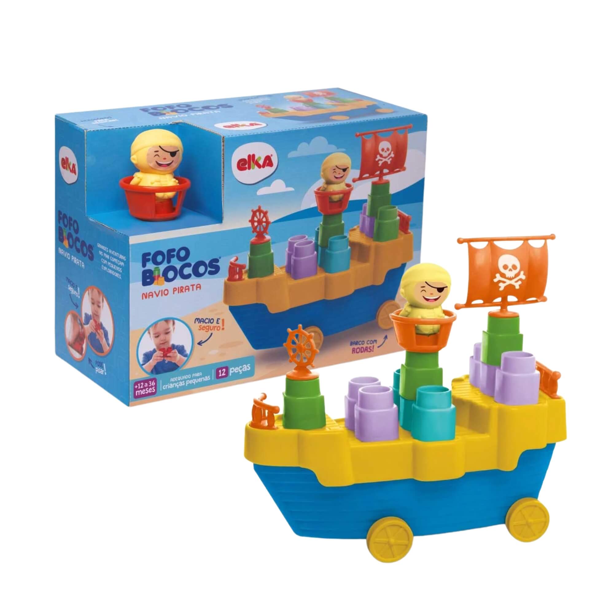 Brinquedo Didático Fofo Blocos Navio Pirata 12 peças Elka - 1365