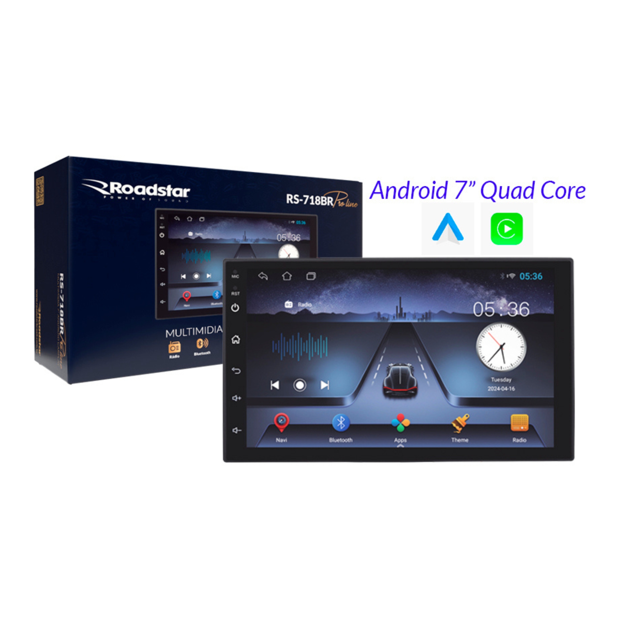 Multimídia Android 2+32GB Carplay Tela de Vidro 7" Full Touch com IPS Roadstar - RS718BR MI