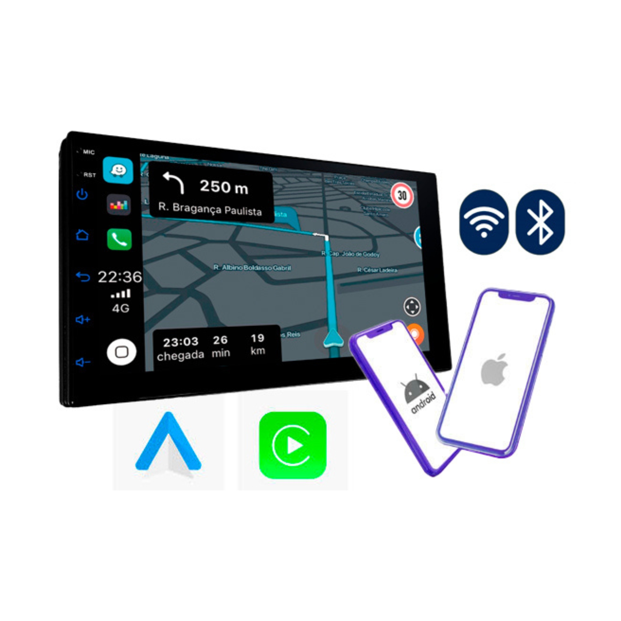 Multimídia Android 2+32GB Carplay Tela de Vidro 7" Full Touch com IPS Roadstar - RS718BR MI