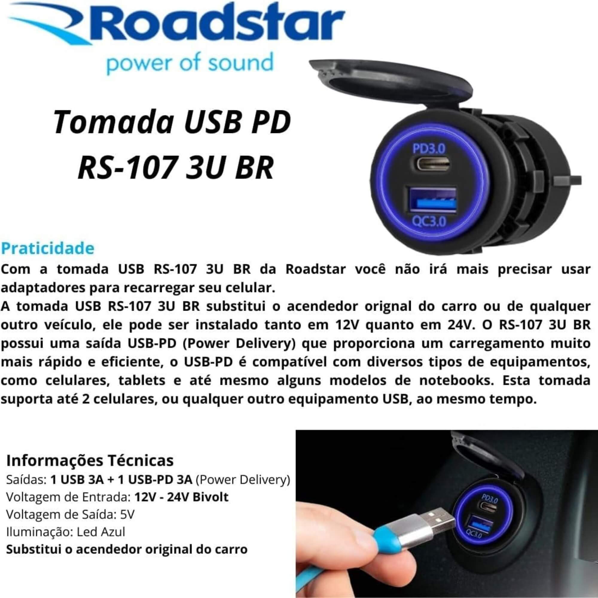 Carregador de Celular Tomada USB Veicular com USB 3.1A + USB C Roadstar - RS107-3UBR MI