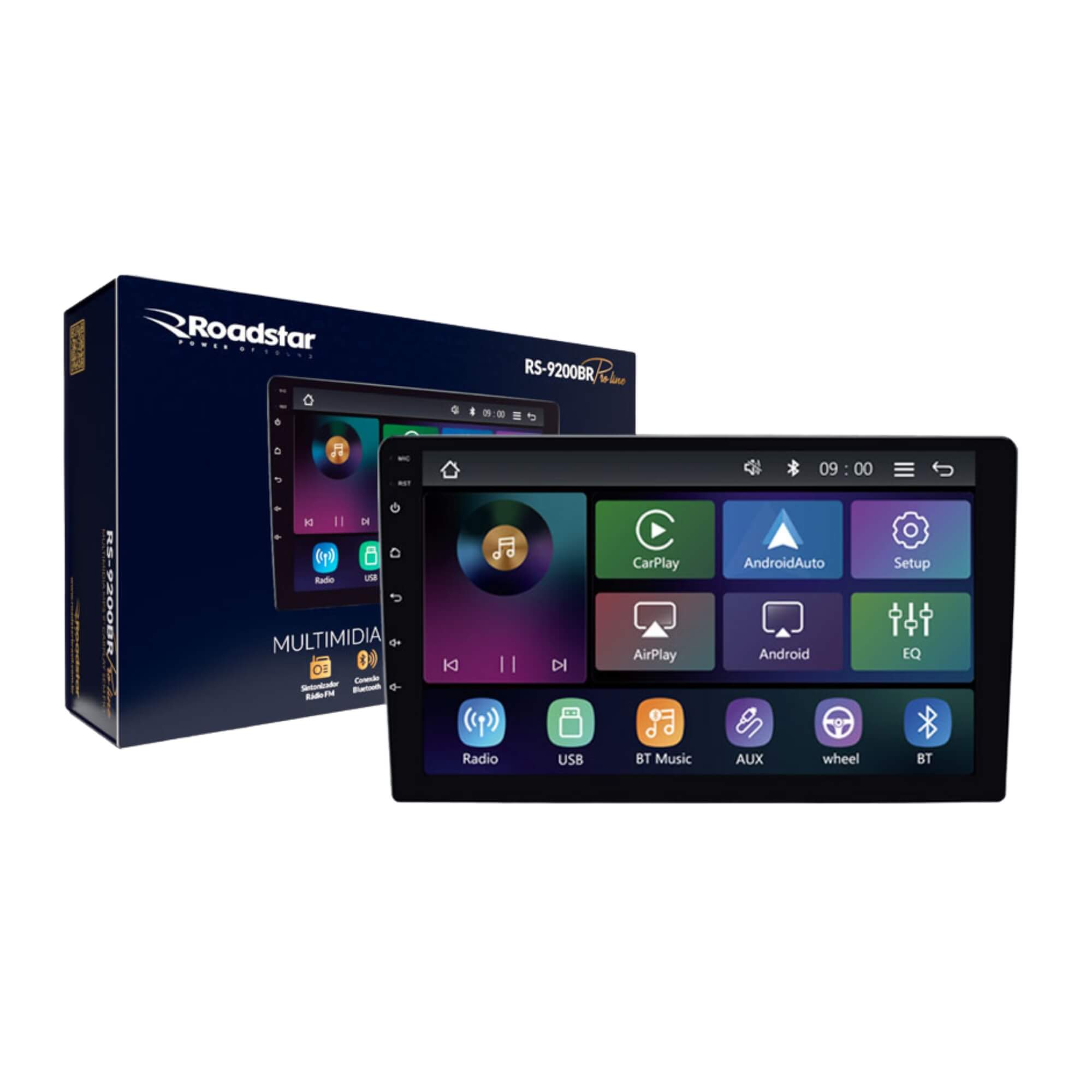 Multimídia MP5 Pro Line CarPlay Sem Fio Tela Full Touch 9" IPS Capacitiva Roadstar - RS9200BR MI