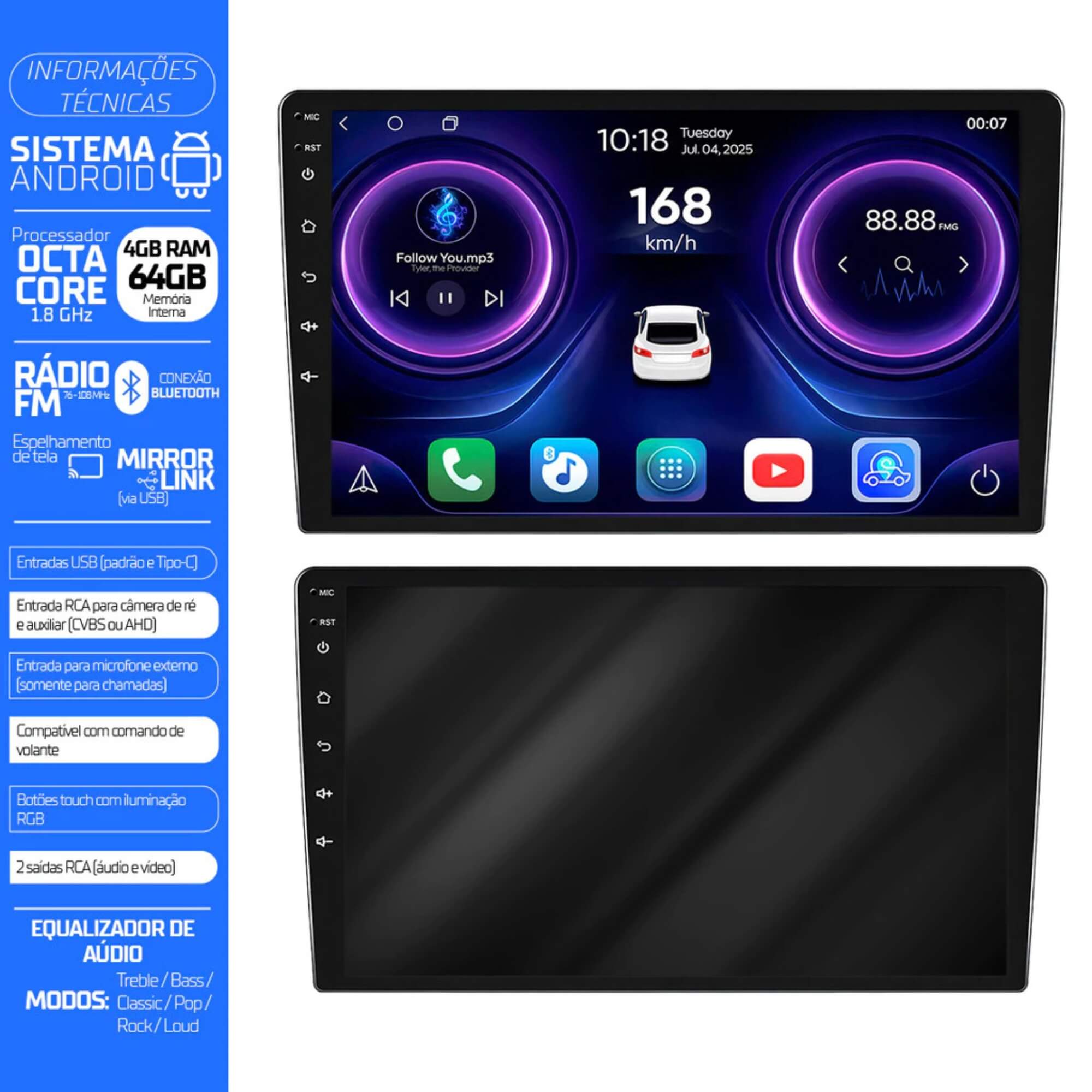 Multimídia Android 10'' com Carplay Android Auto Roadstar - RS1019BR MI