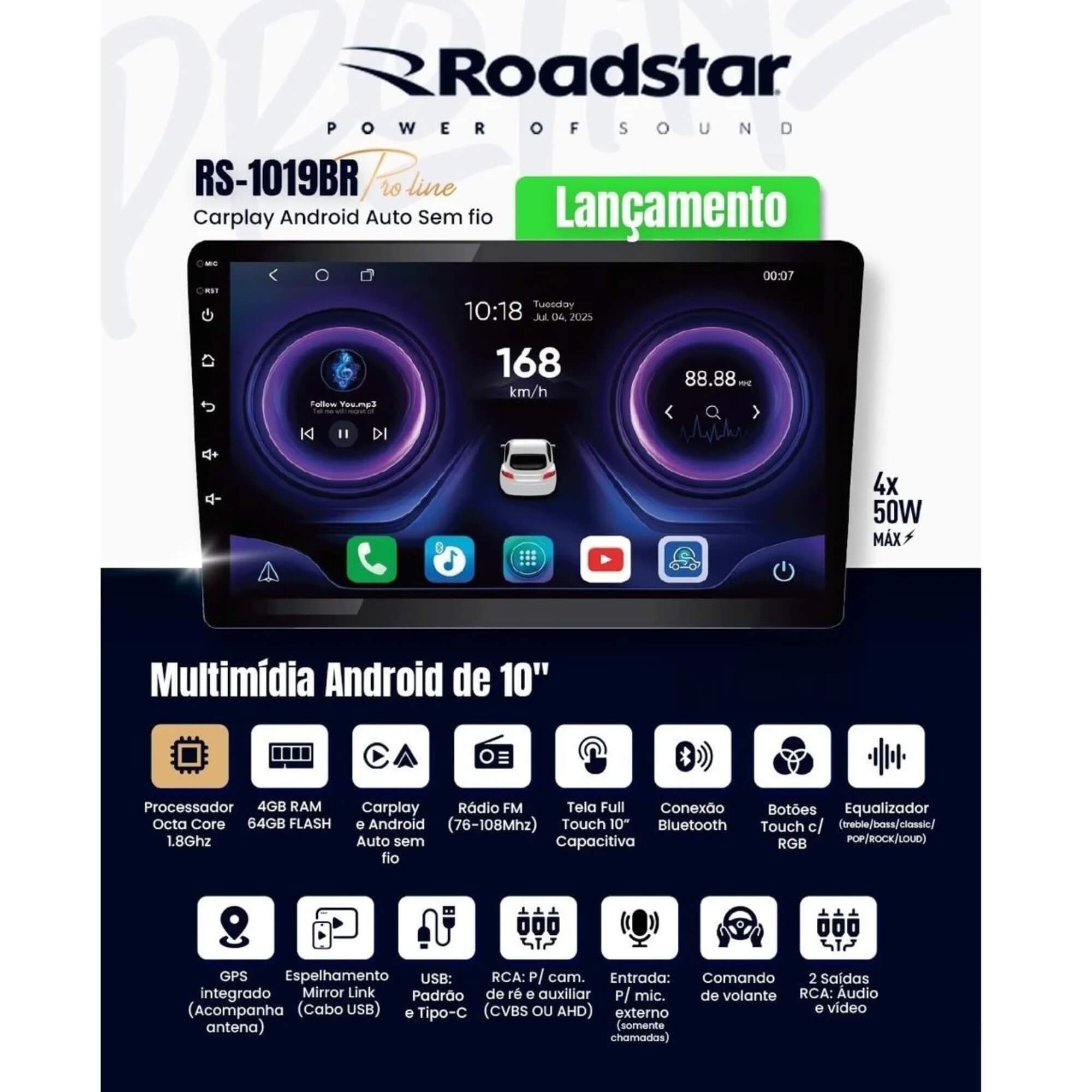 Multimídia Android 10'' com Carplay Android Auto Roadstar - RS1019BR MI