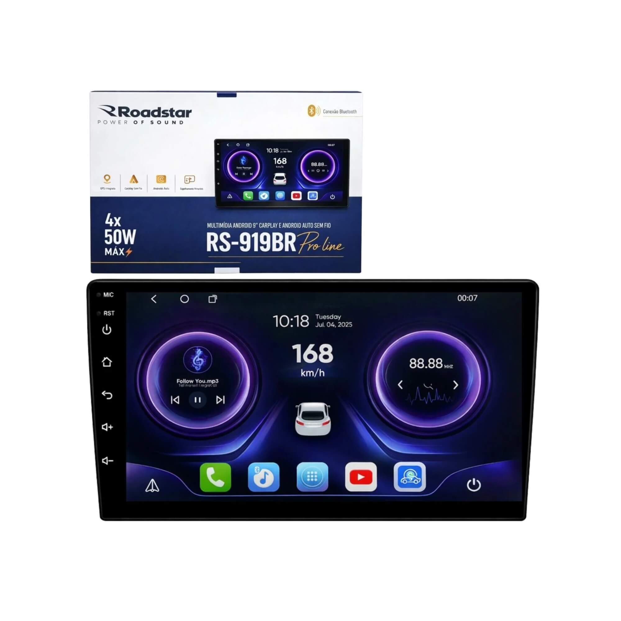 Multimídia Android 9'' com Carplay Android Auto Roadstar - RS919BR MI 4+64GB