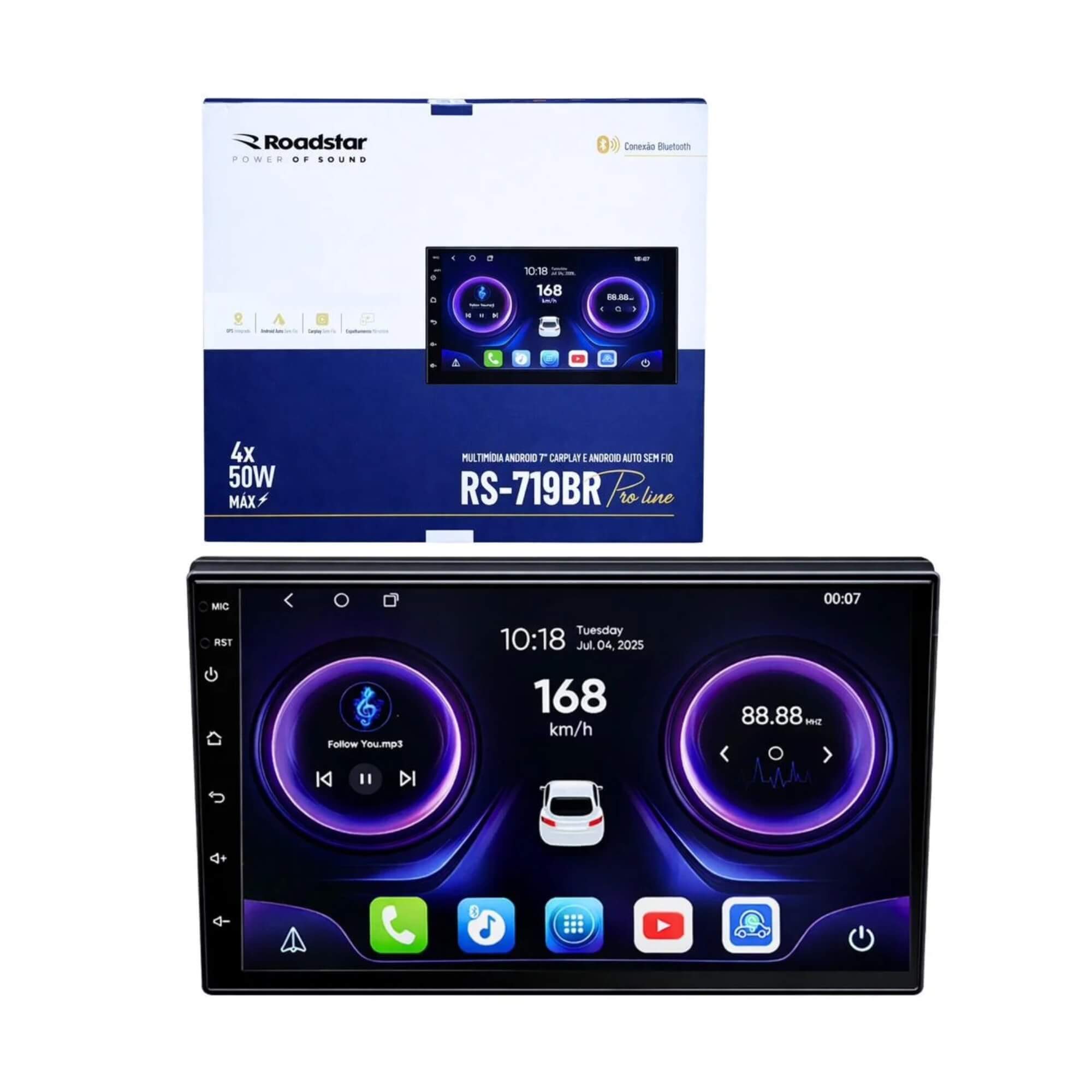 Multimídia Android Tela Full Touch capacitiva de 7" com CP/AA Roadstar - RS719BR MI 4+64GB