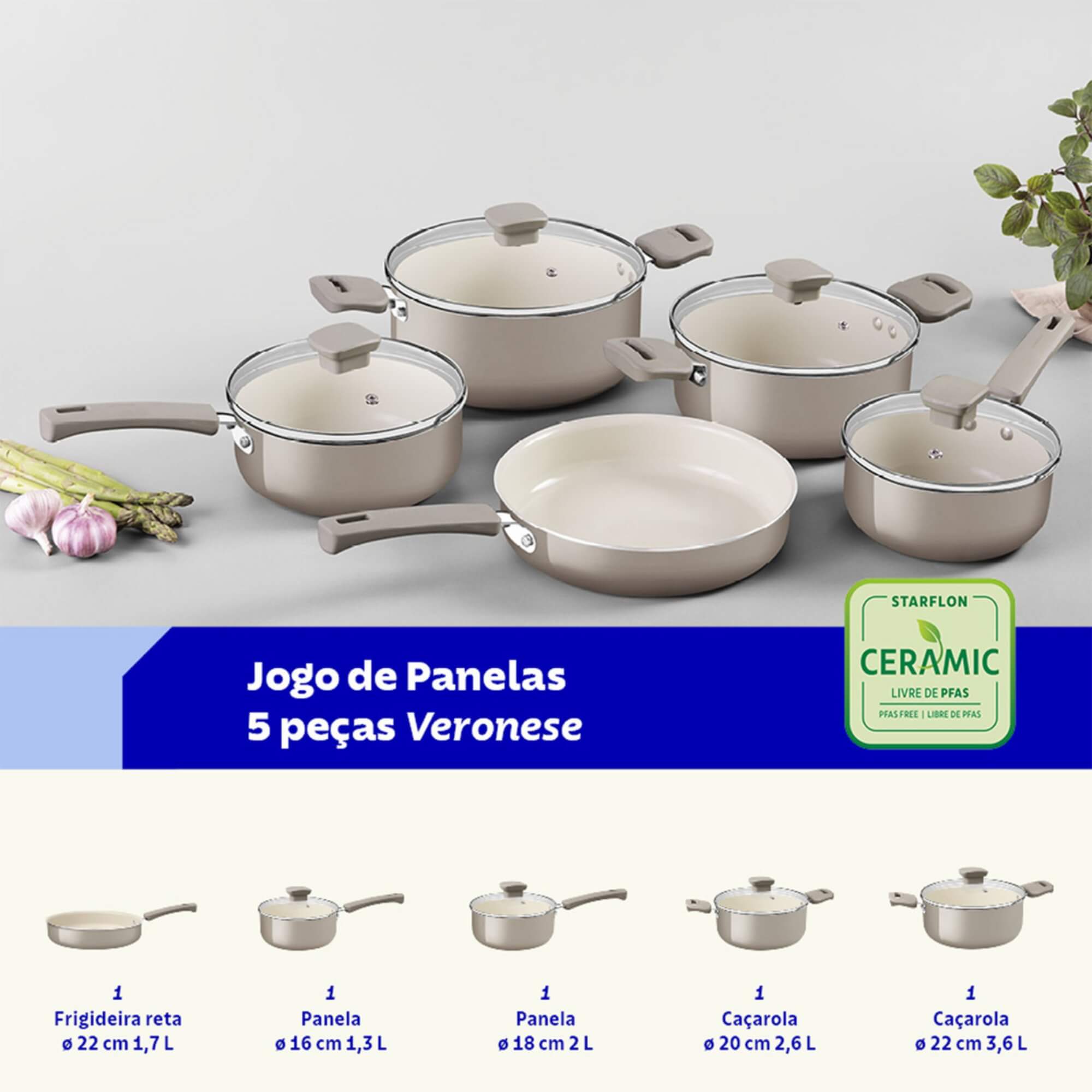 Jogo de Panelas Veronese 5 Peças Revestimento Interno Cerâmico cor Bege Tramontina - 28699416