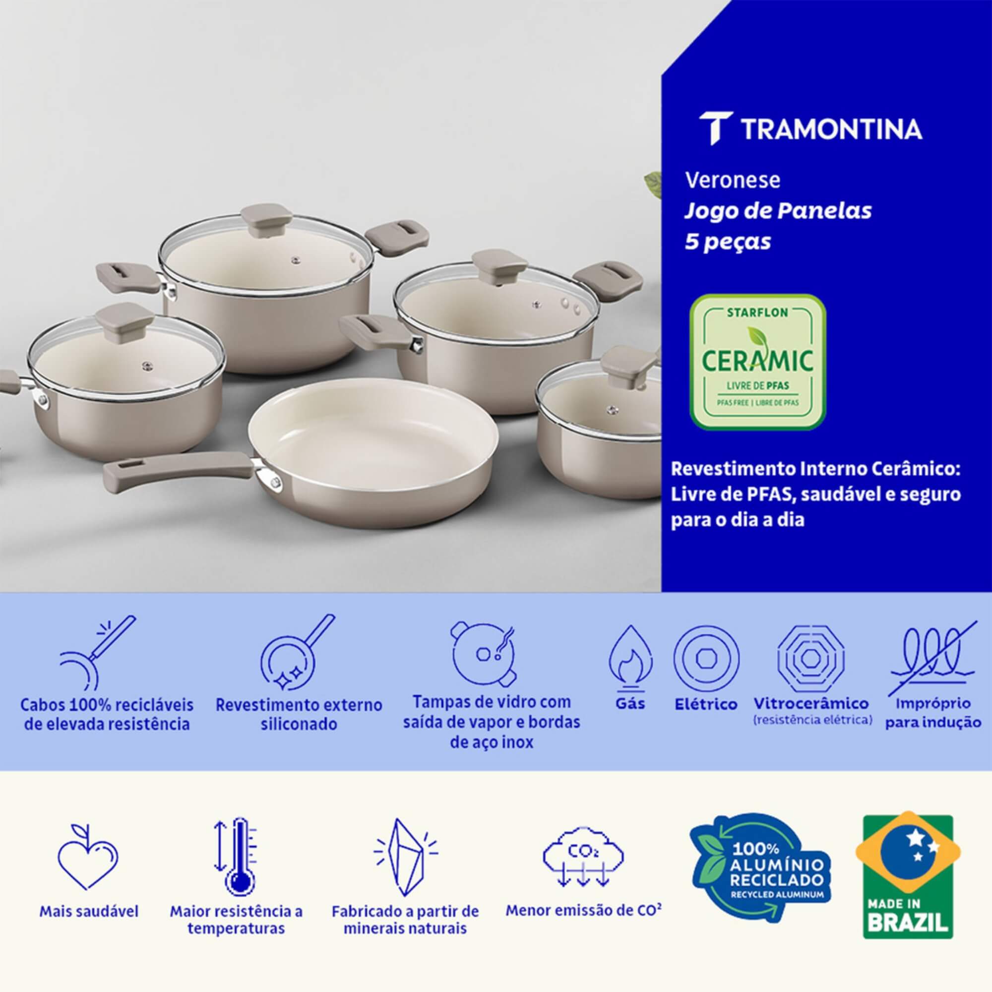 Jogo de Panelas Veronese 5 Peças Revestimento Interno Cerâmico cor Bege Tramontina - 28699416
