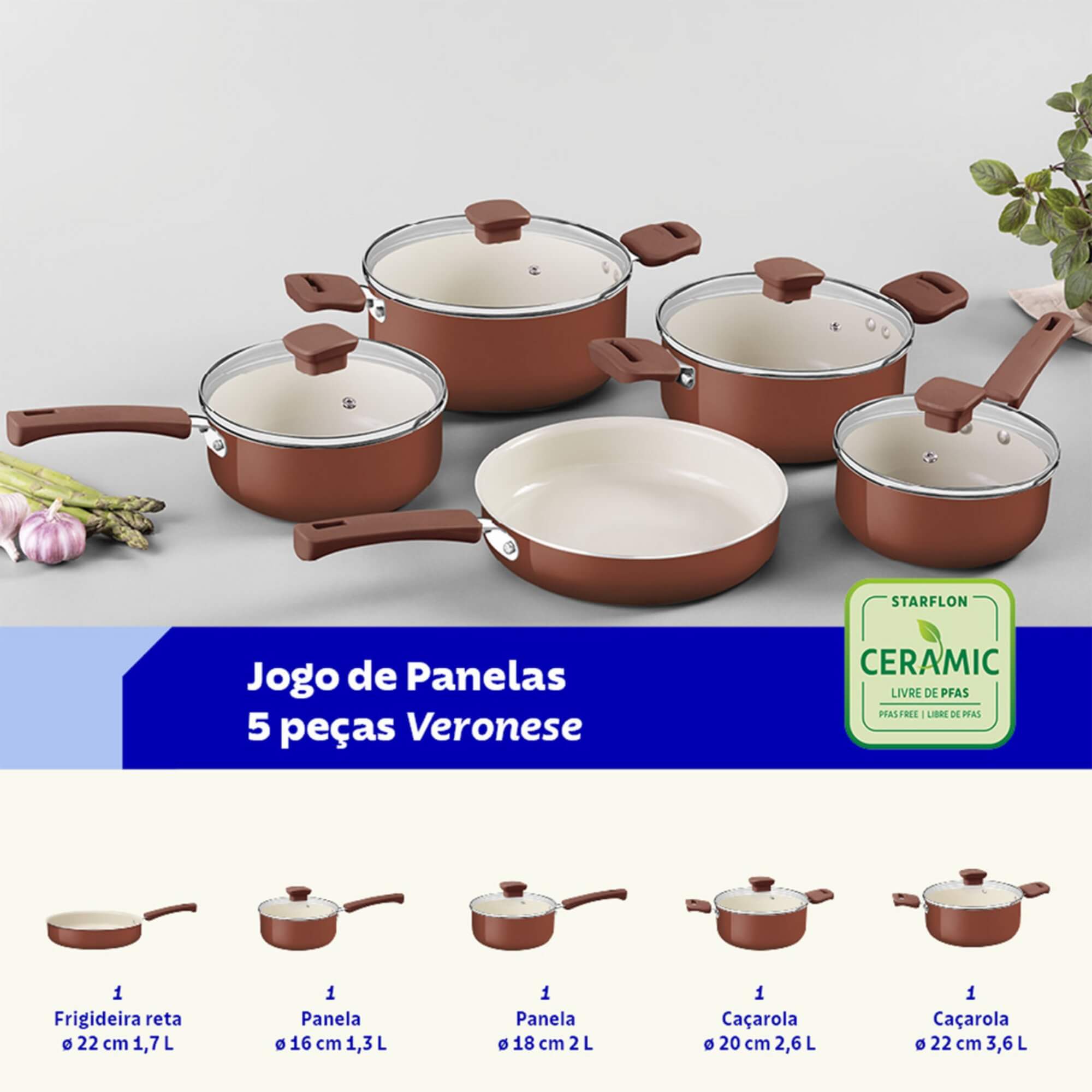 Jogo de Panelas Veronese 5 Peças Revestimento Interno Cerâmico cor Argila Tramontina - 28699416
