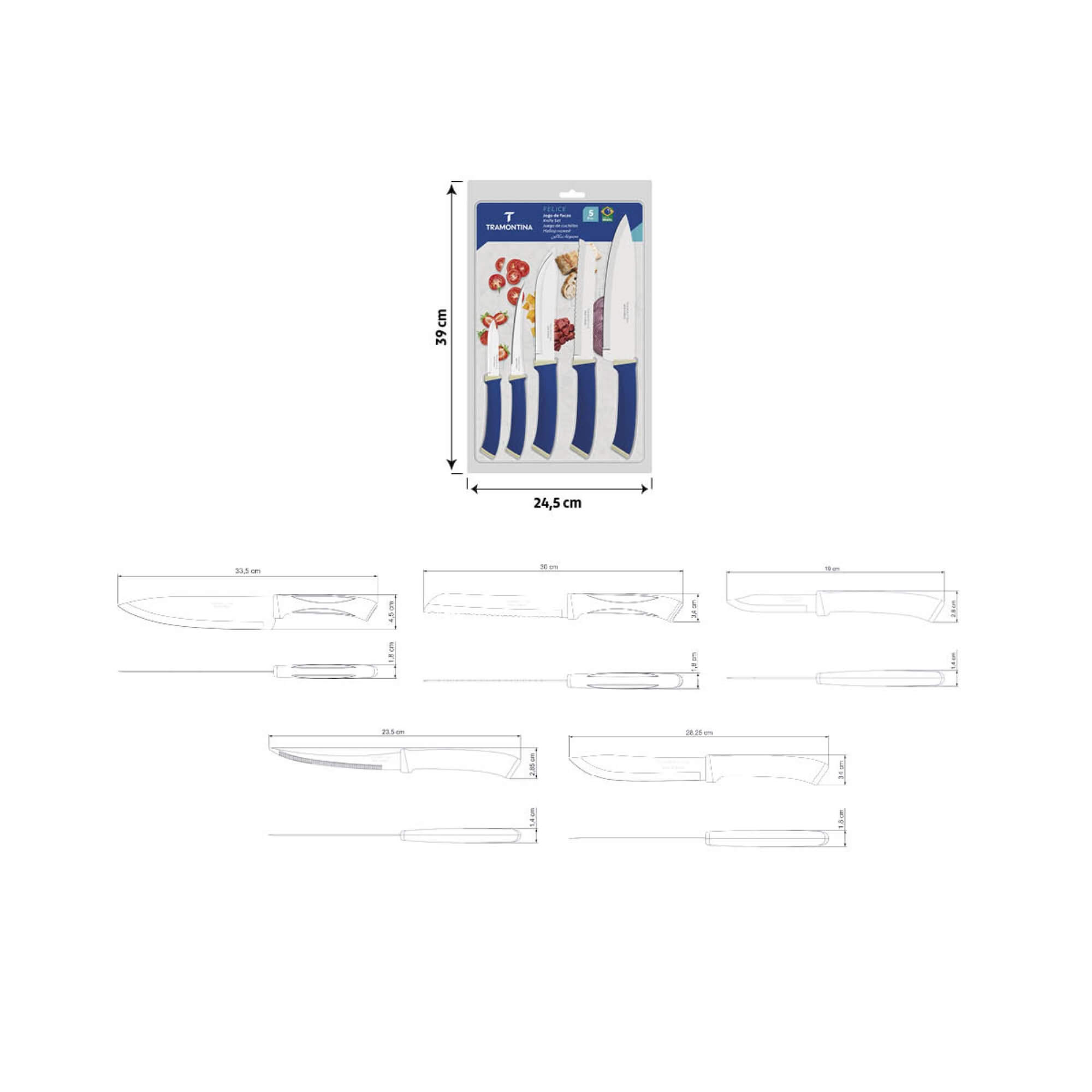 Jogo de Facas Felice 5 Peças Aço Inox Cabo Azul Polipropileno Tramontina - 23499178