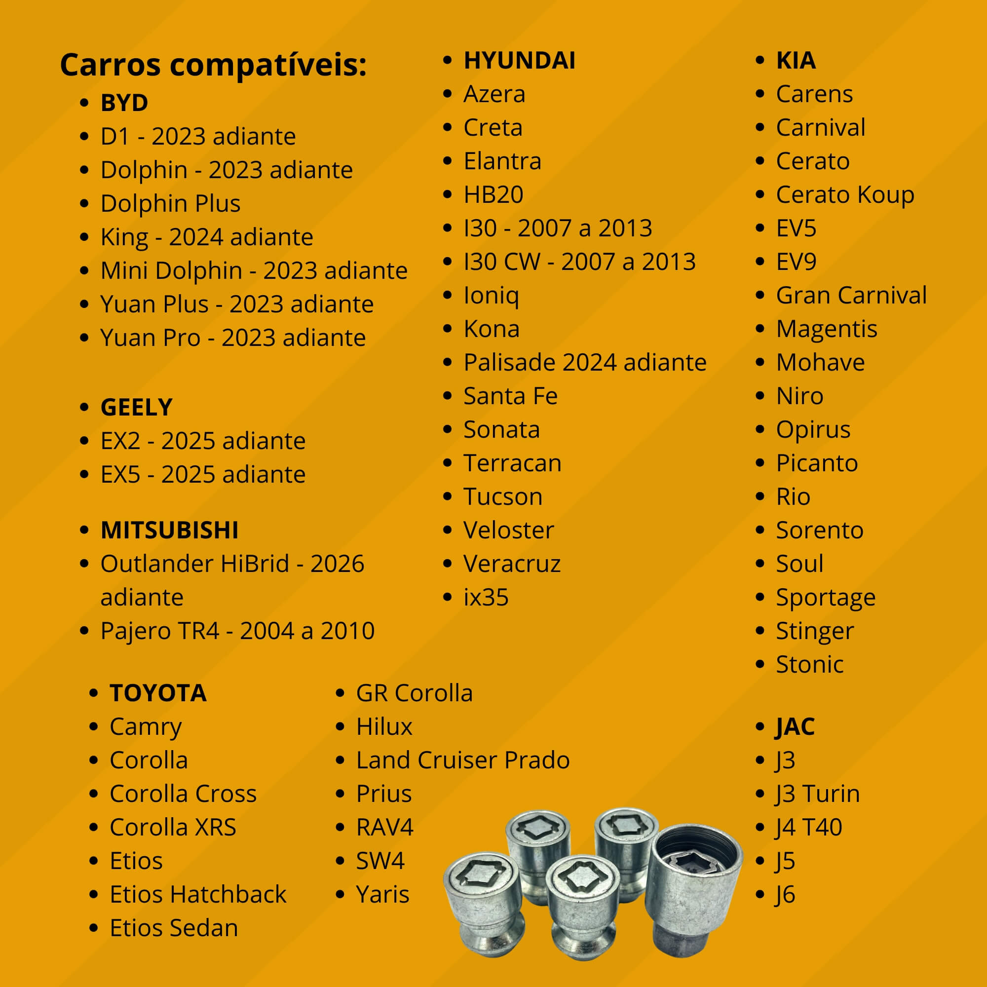 Kit Porcas Antifurto Starlock p/ BYD/Geely/Hyundai/JAC/KIA/Mitsubishi/Toyota Farad - H1/E 3942