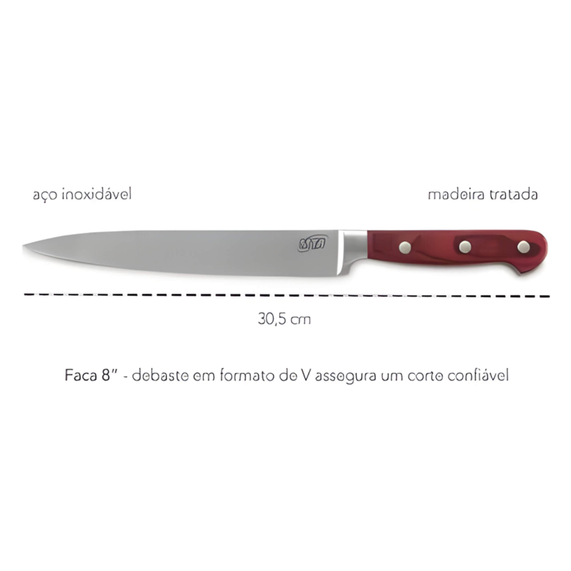 Faca Churrasco Profissional 8" Monobloco Cabo Madeira MTA - 9127