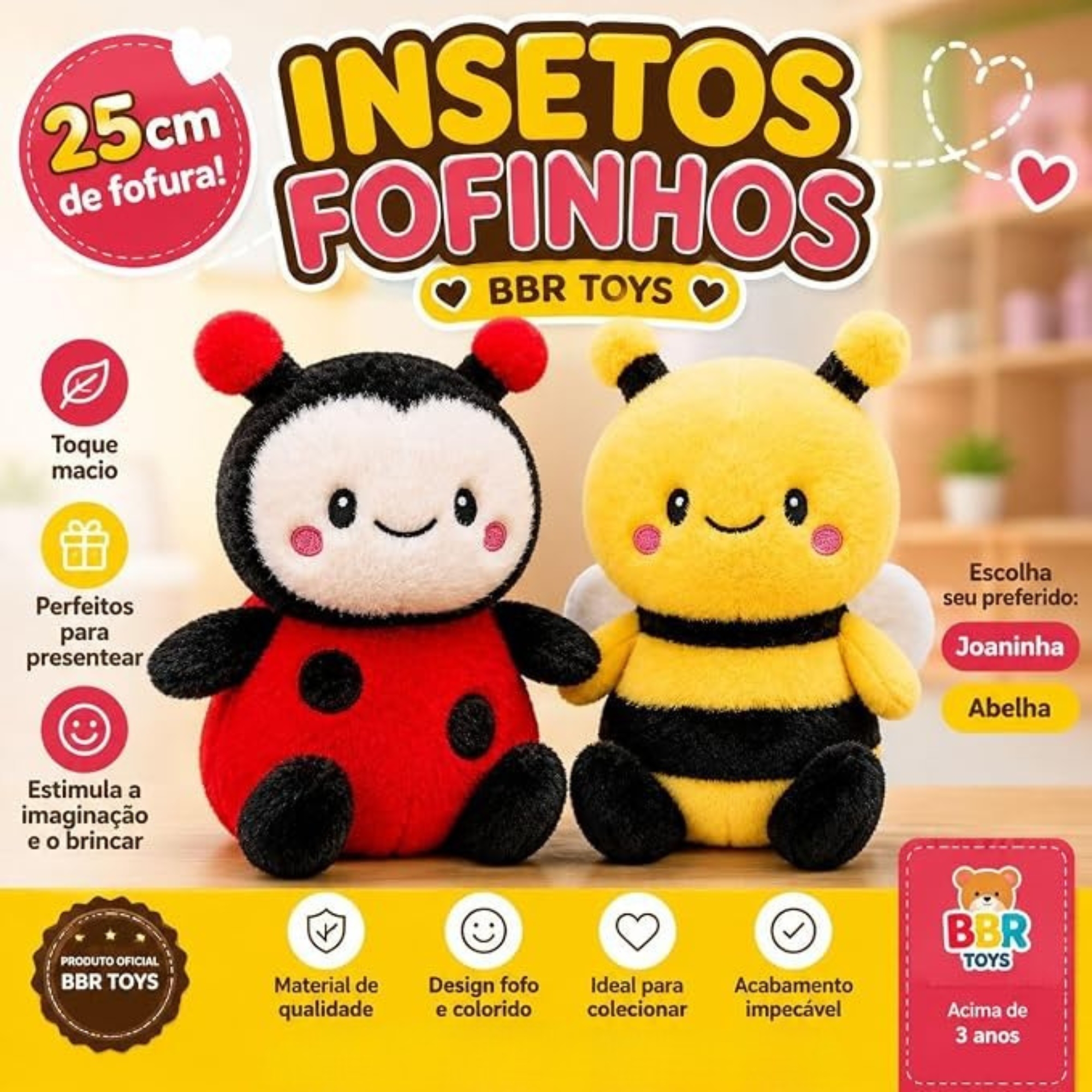Pelúcia Insetos Fofinhos 25cm Abelha ou Joaninha (Sortido e Unitário) BBR - R3755