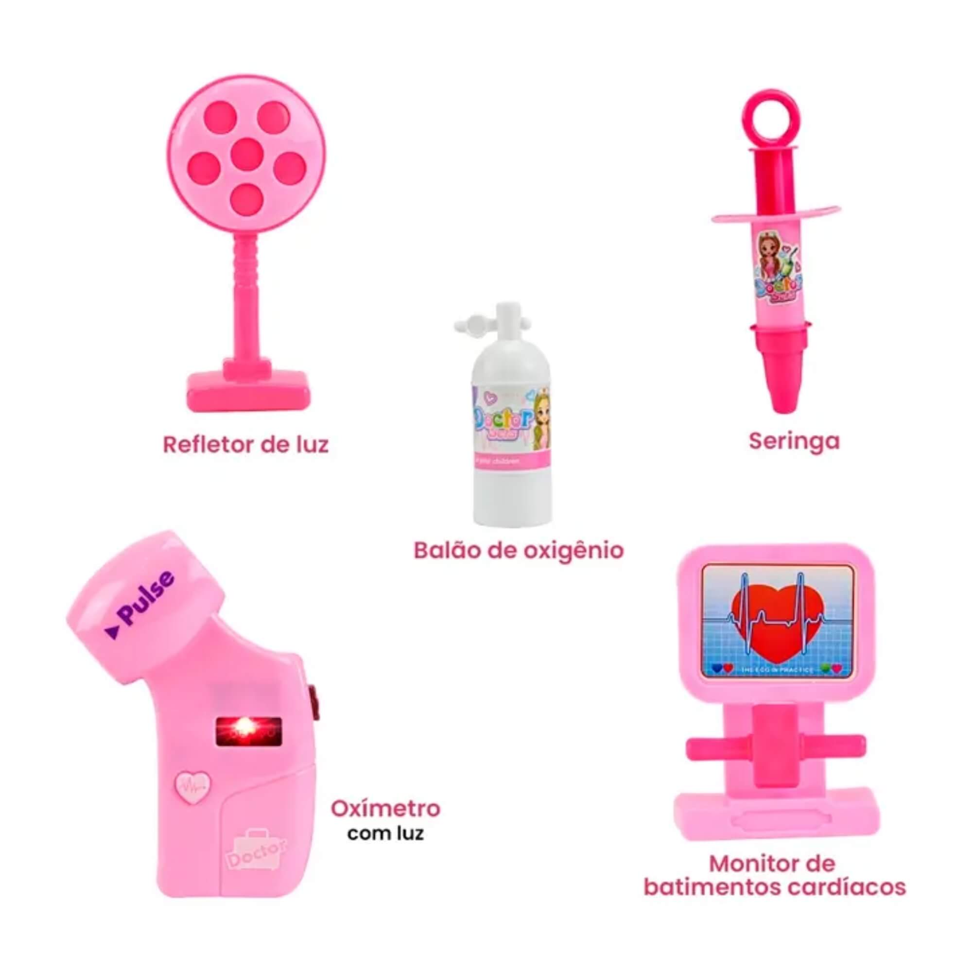 Maleta Médica Infantil Com Luz Som E 10 Acessórios Rosa BBR - R2979
