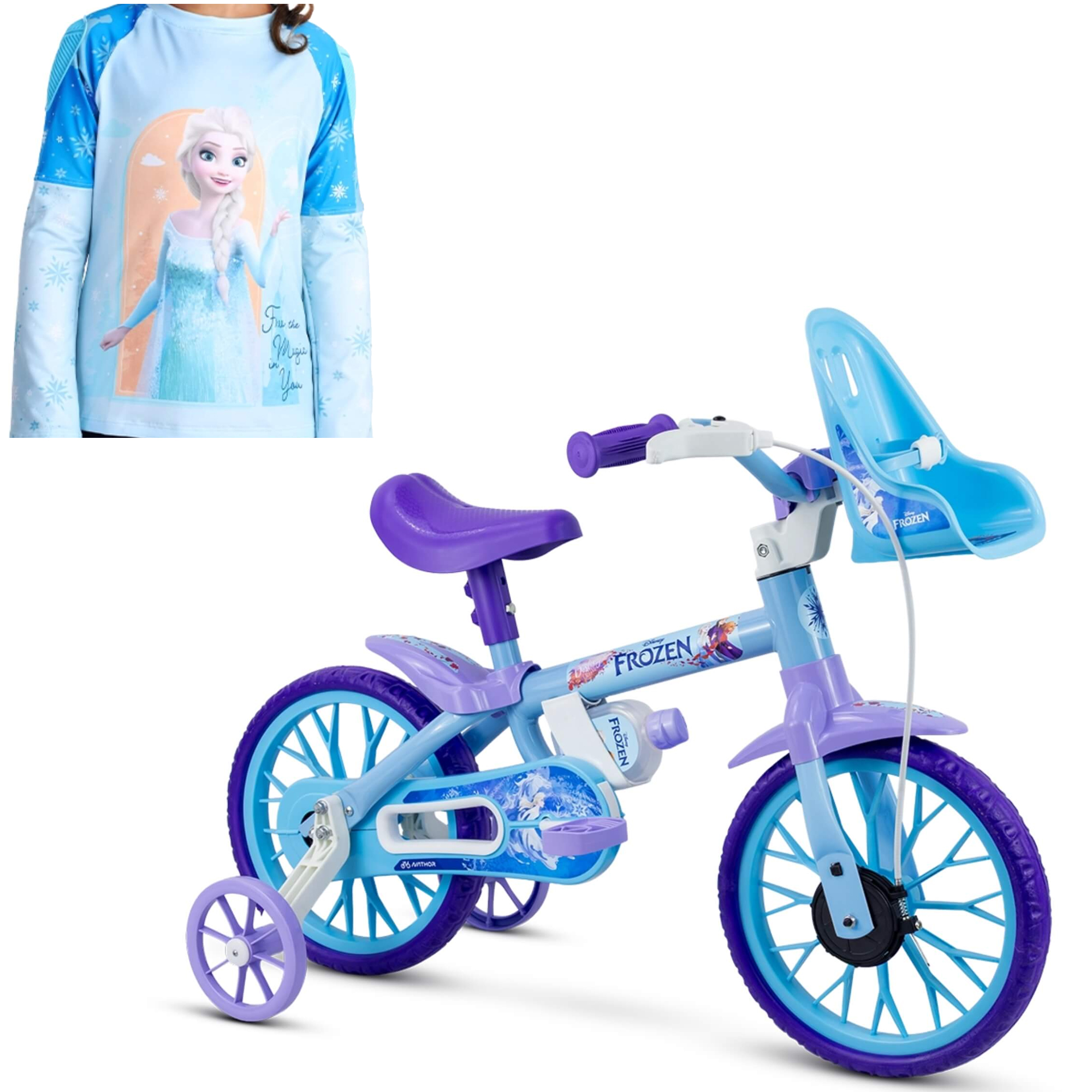 COMP Kit Bicicleta Infantil Aro 12 Frozen Nathor + Camiseta Frozen mnga longa