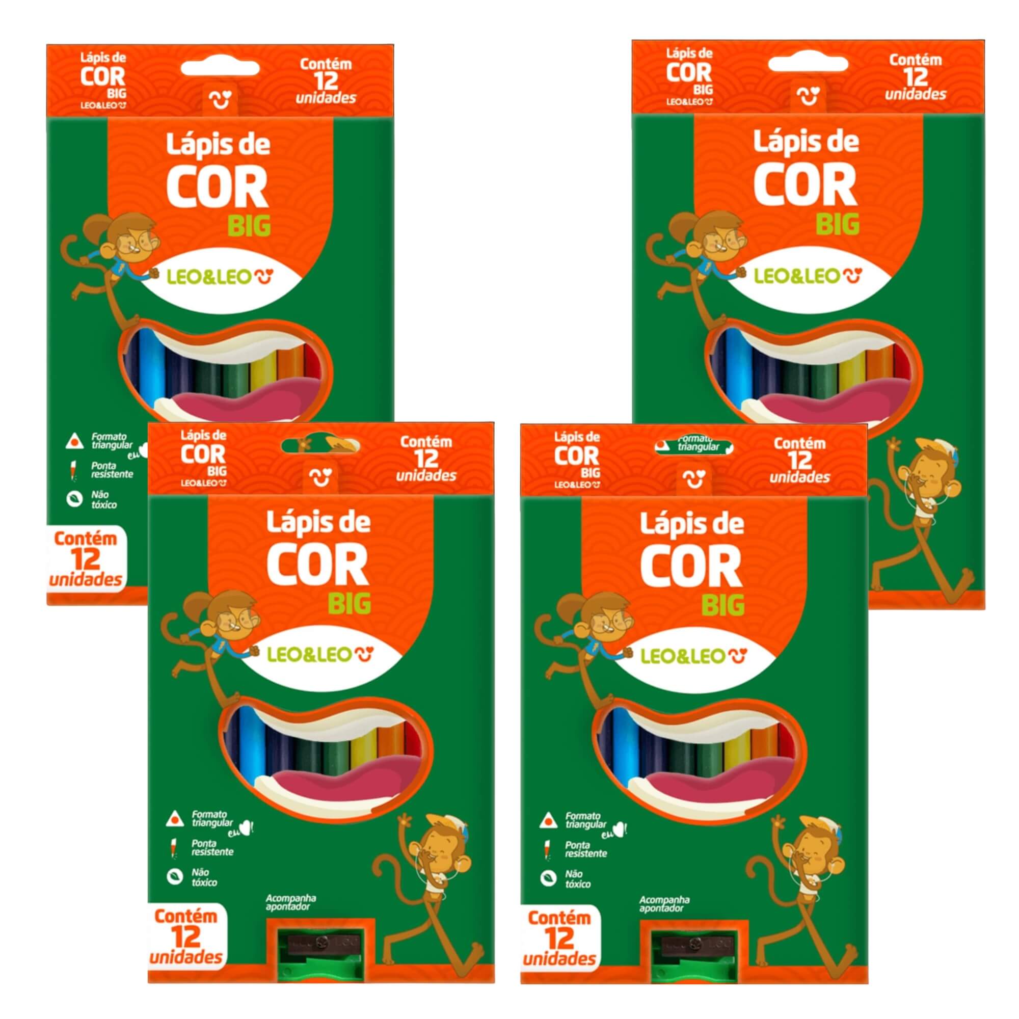 COMP Kit 4 Caixas de Lápis de Cor Big 150mm Resina Triangular c/ Apontador Leo&Leo