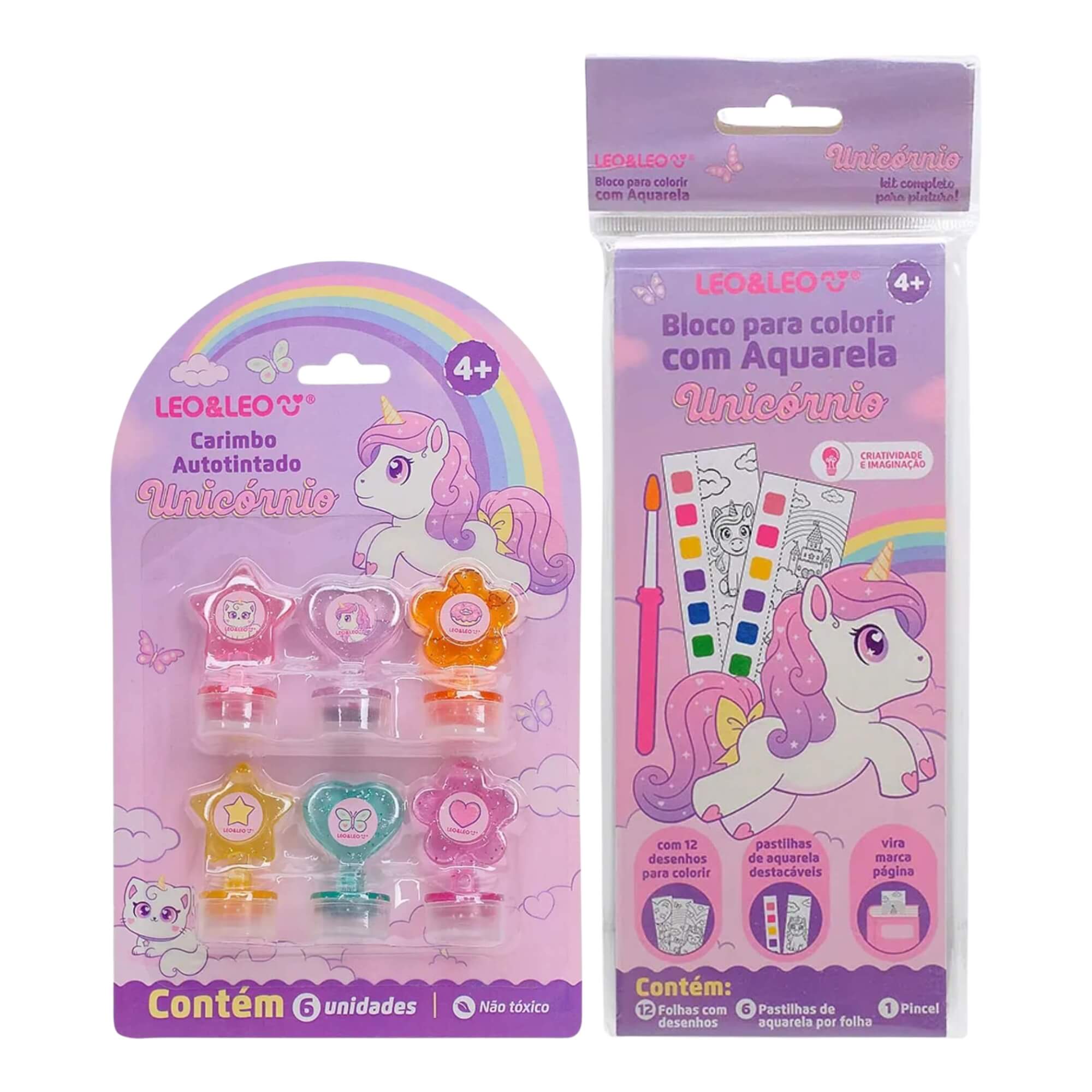 COMP Kit Unicórnios Papelaria Artes Pintura - Bloco de Colorir com Aquarela + 6 Carimbos