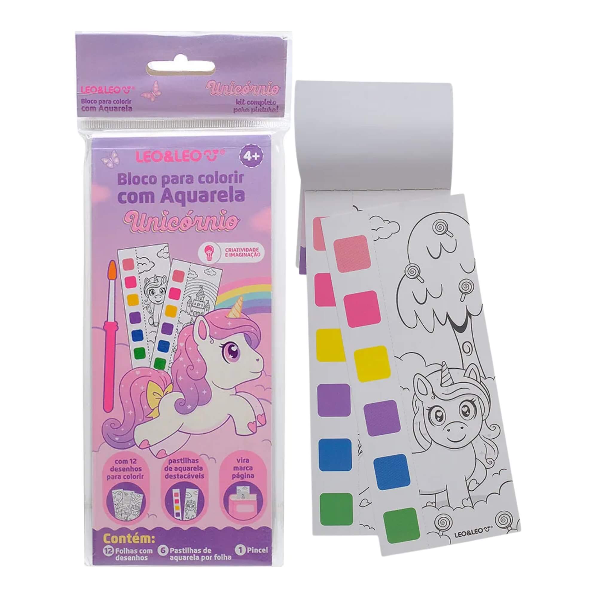 COMP Kit Unicórnios Papelaria Artes Pintura - Bloco de Colorir com Aquarela + 6 Carimbos