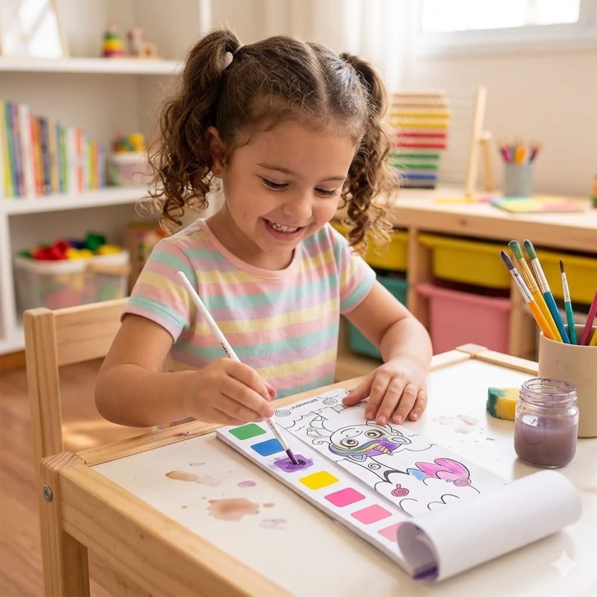 COMP Kit Unicórnios Papelaria Artes Pintura - Bloco de Colorir com Aquarela + 6 Carimbos