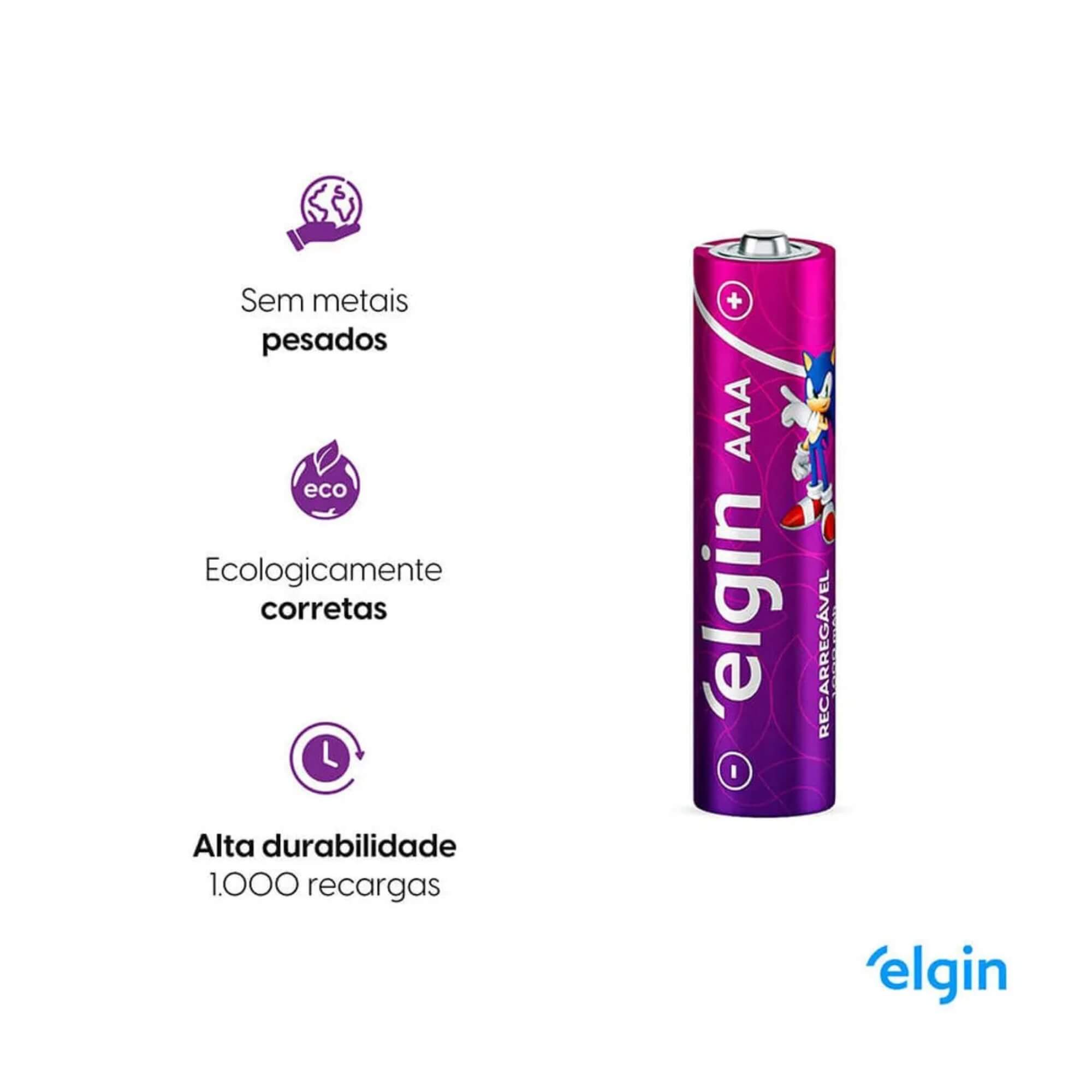 Pilha Recarregável AAA Palito - 1.000Mah Blister com 4 Unidades Elgin - 000000082171