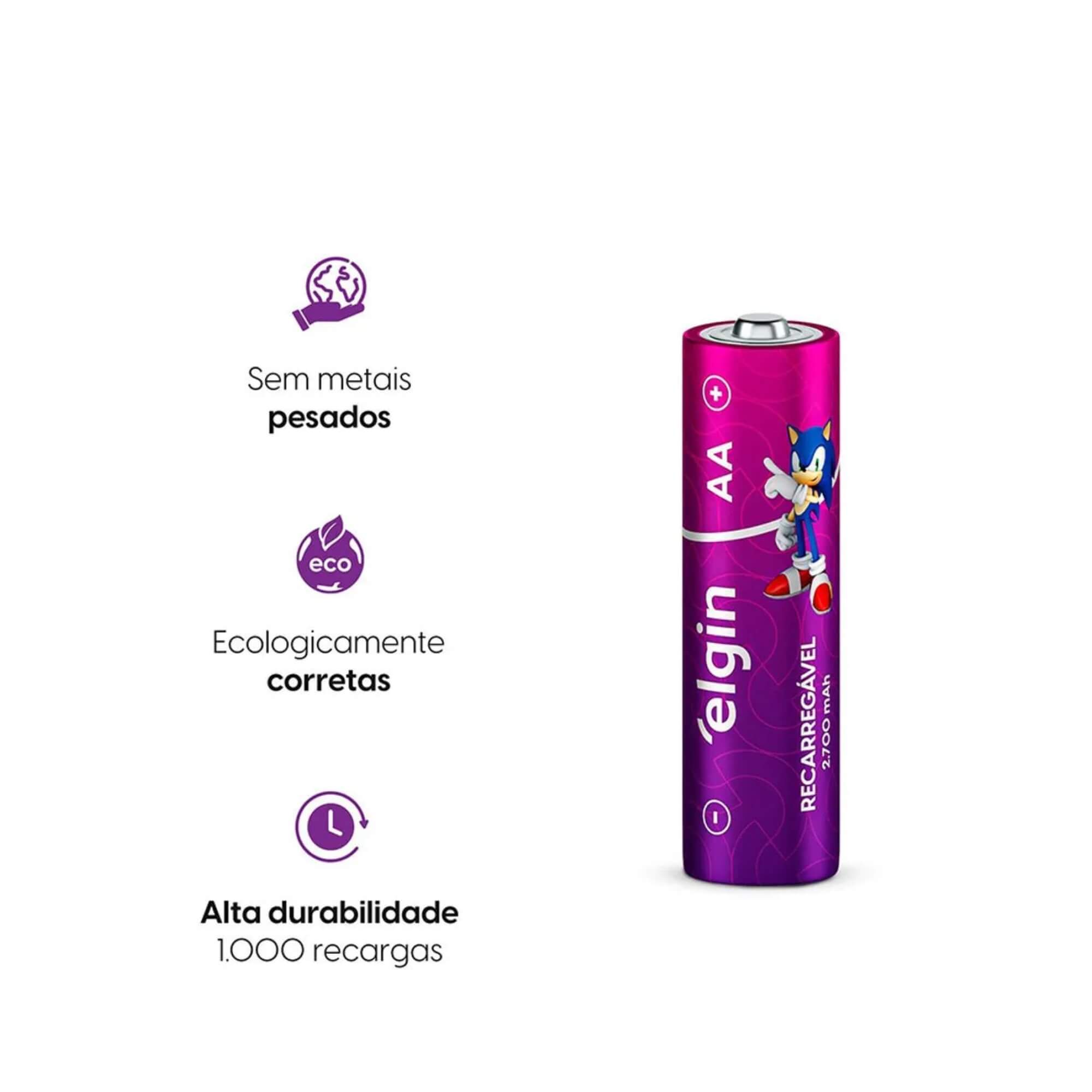 Pilha Recarregável AA Comum - 2.700Mah Blister com 4 Unidades Elgin - 000000082175