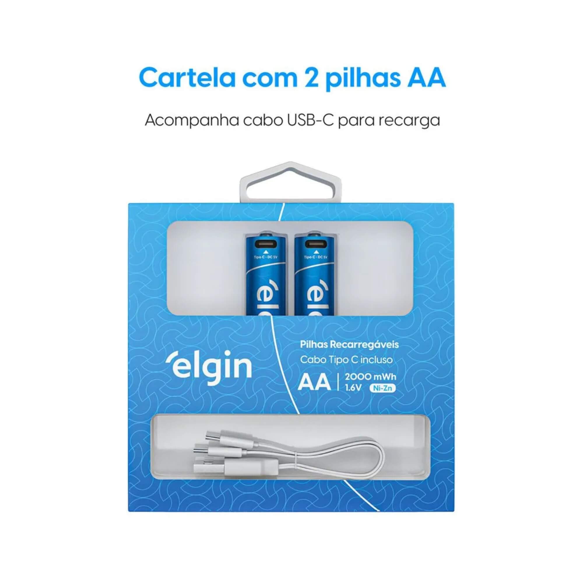 Pilha Alcalina Recarregável AA USB-C 1.200mAh com 2 unidades + Cabo Elgin - ELE000000082427