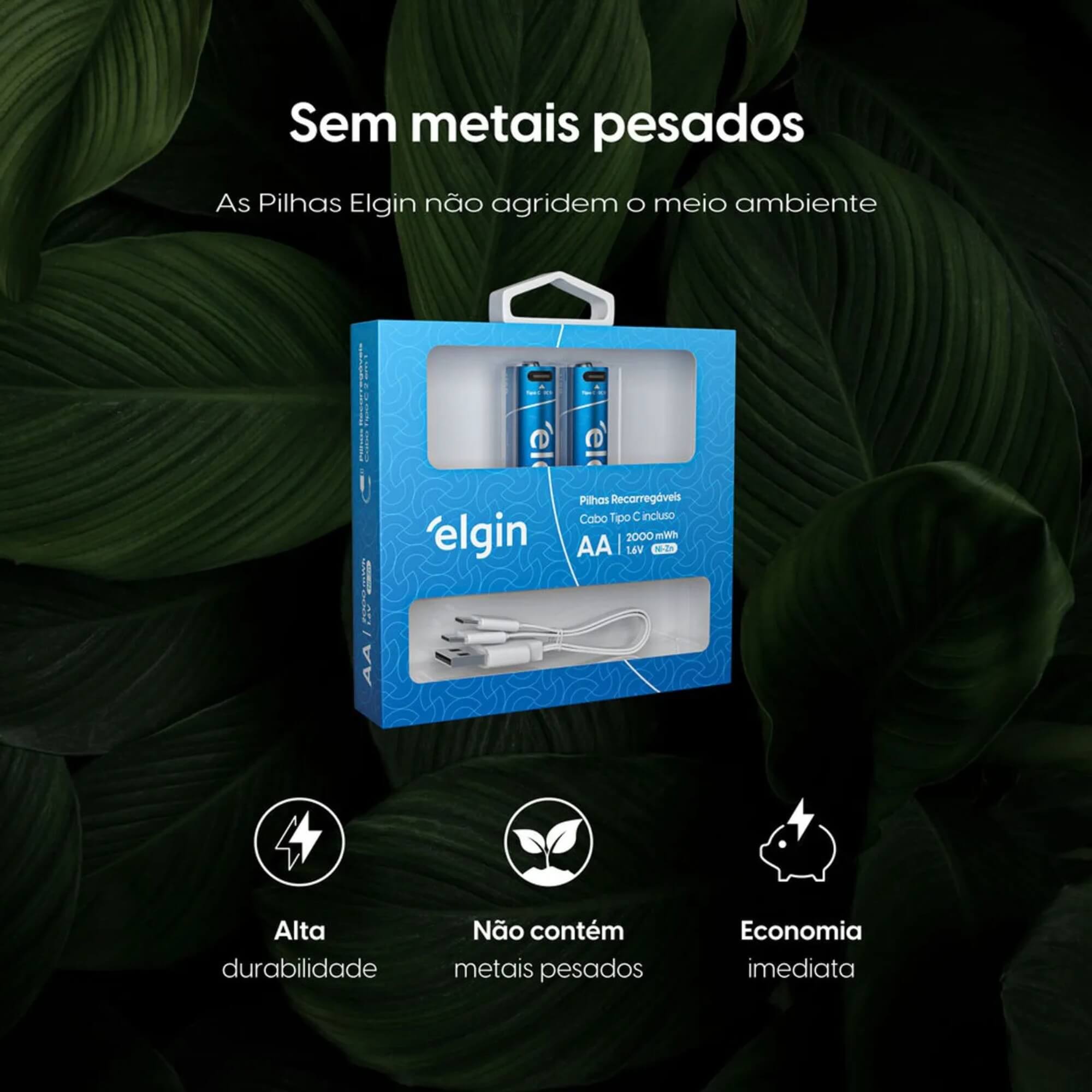 Pilha Alcalina Recarregável AA USB-C 1.200mAh com 2 unidades + Cabo Elgin - ELE000000082427