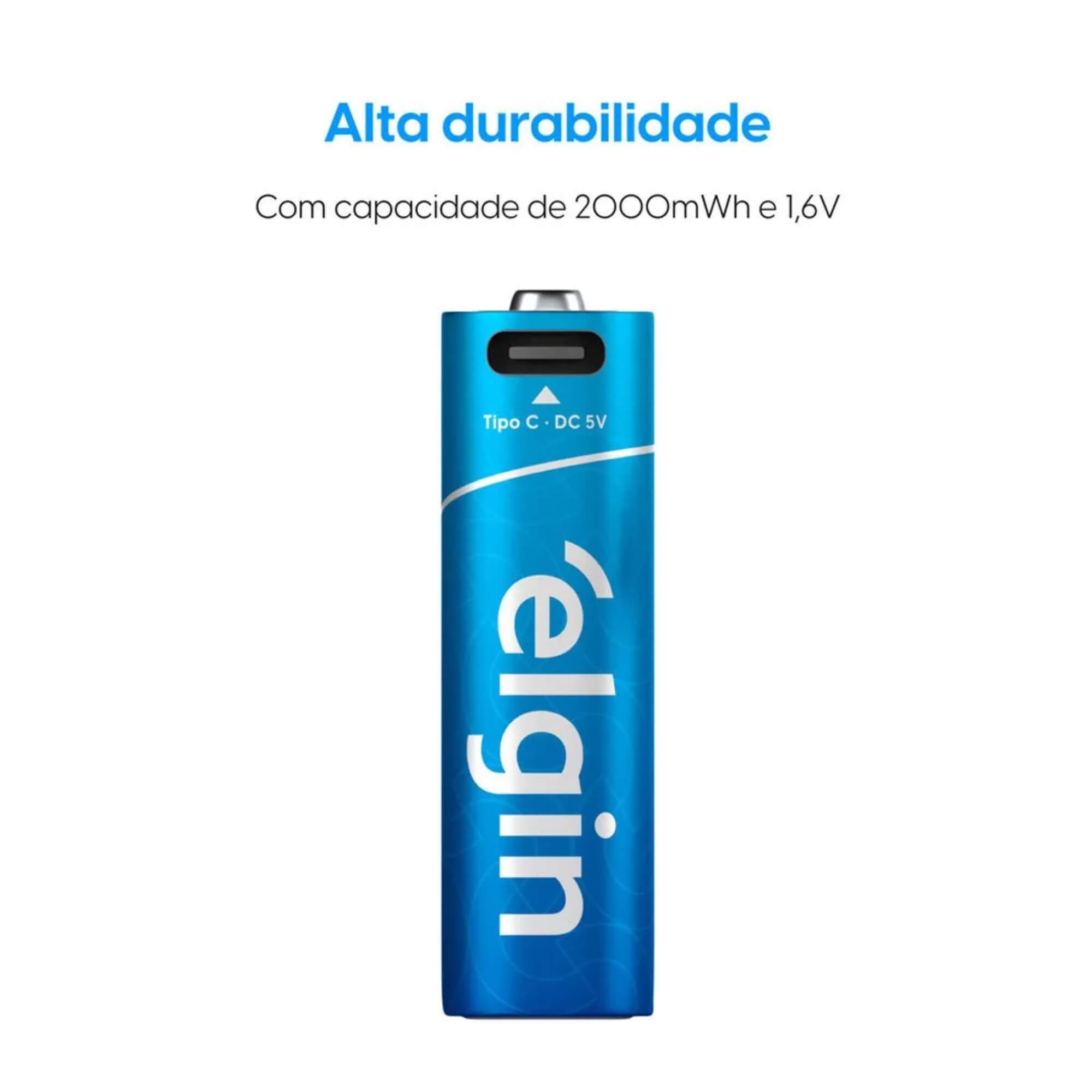 Pilha Alcalina Recarregável AA USB-C 1.200mAh com 2 unidades + Cabo Elgin - ELE000000082427