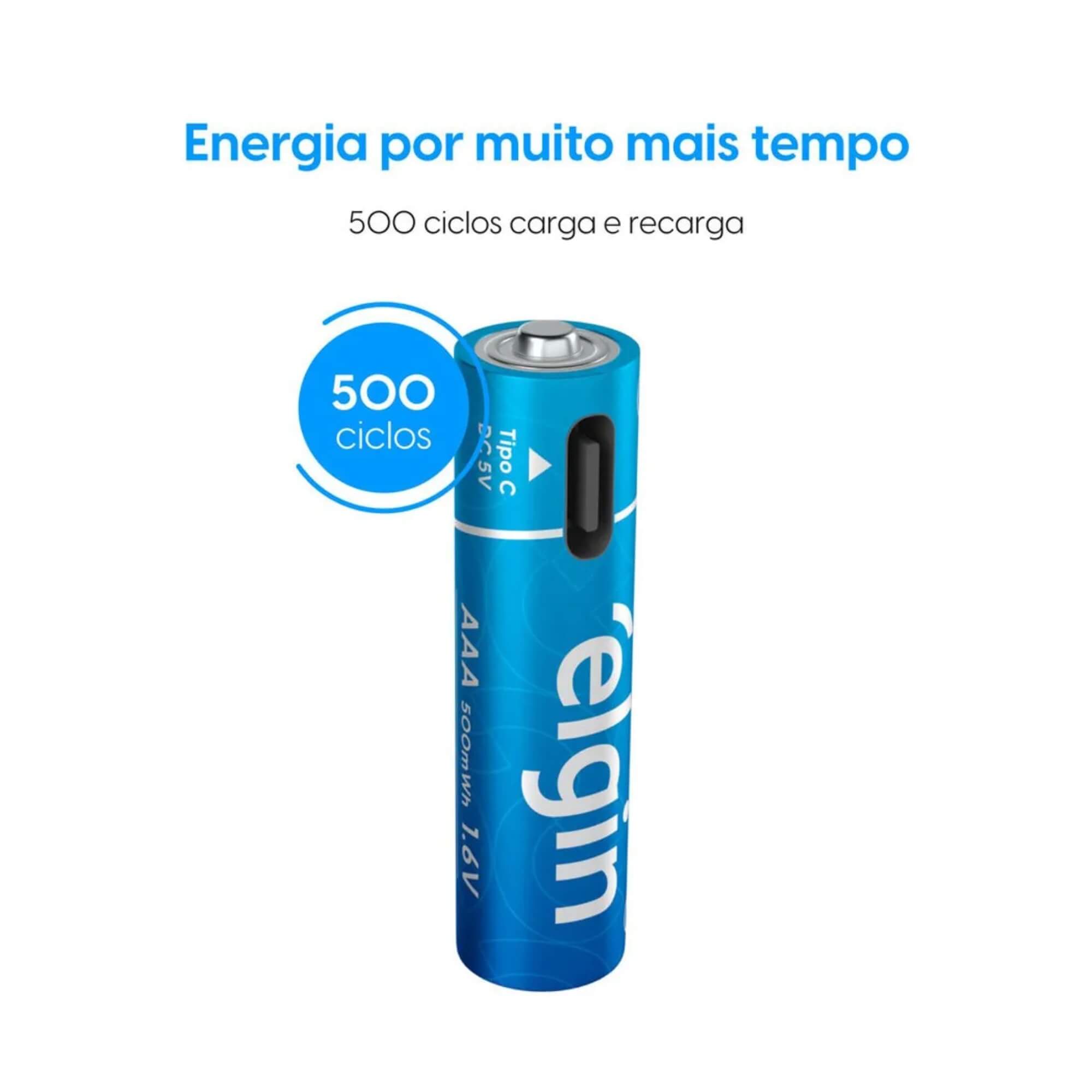 Pilha Alcalina Recarregável AAA Palito USB-C 1.200mAh c/ 2 unidades + Cabo Elgin - ELE000000082428